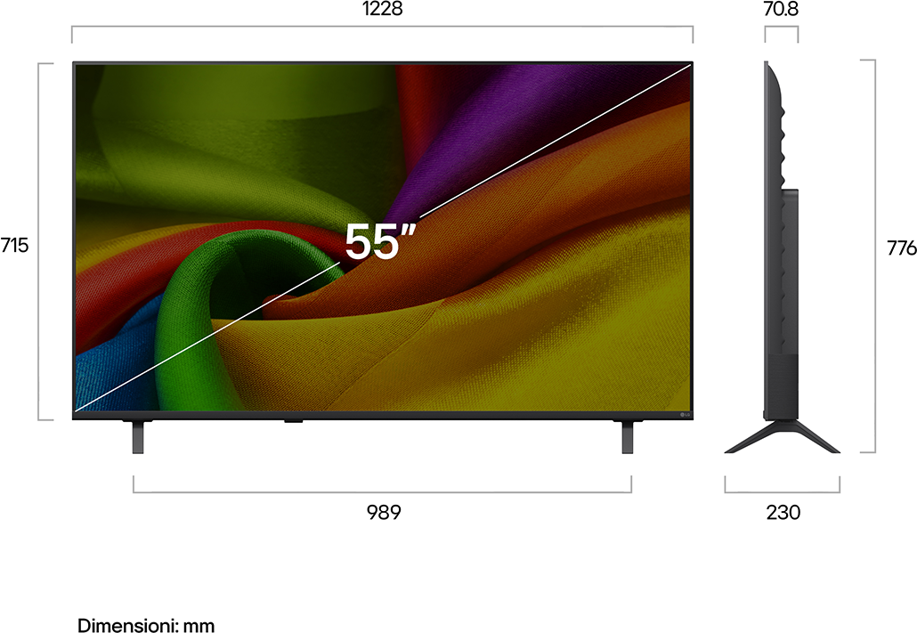 Egy 55 hüvelykes LG TV színes háttérrel, méretekkel feltüntetve.