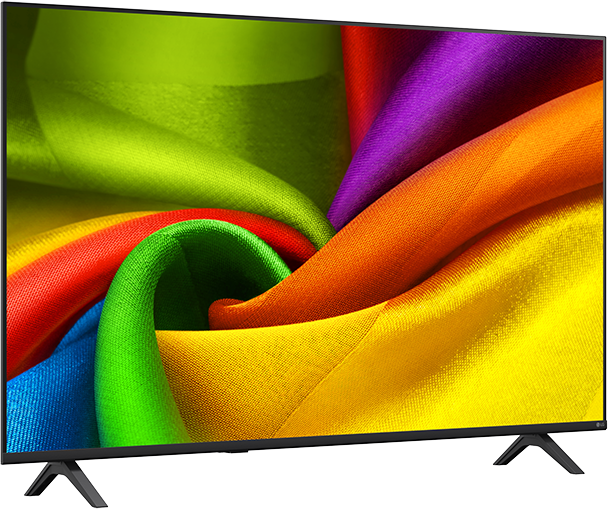 Egy fekete televízió, amely élénk, színes anyagmintát jelenít meg a képernyőjén.