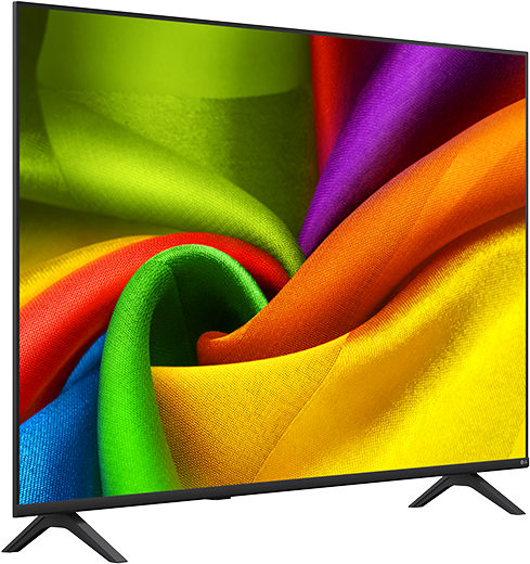 Egy modern televízió színes, áramló anyag absztrakt képét mutatja.