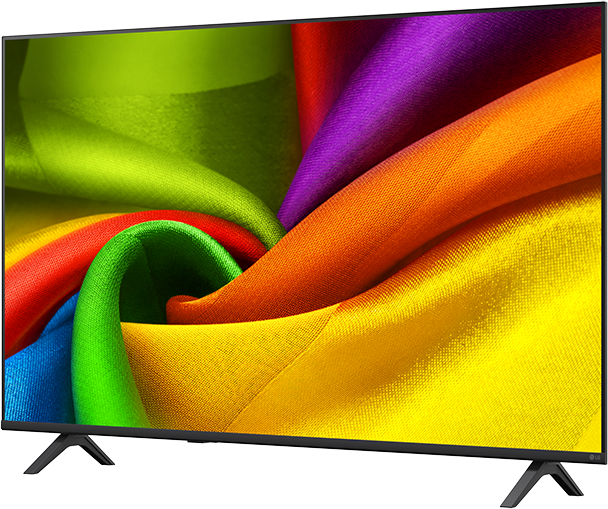 Egy modern televízió élénk, színes anyagmintát jelenít meg a képernyőjén.