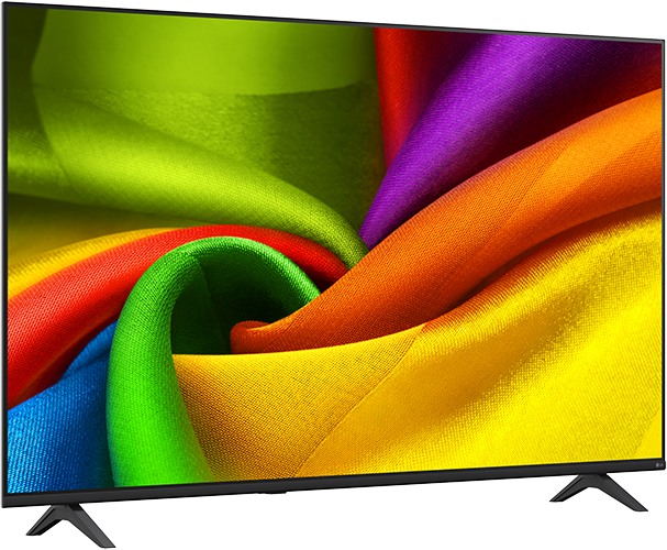 Egy modern televízió színes, örvénylő anyagmintát mutat a képernyőn.