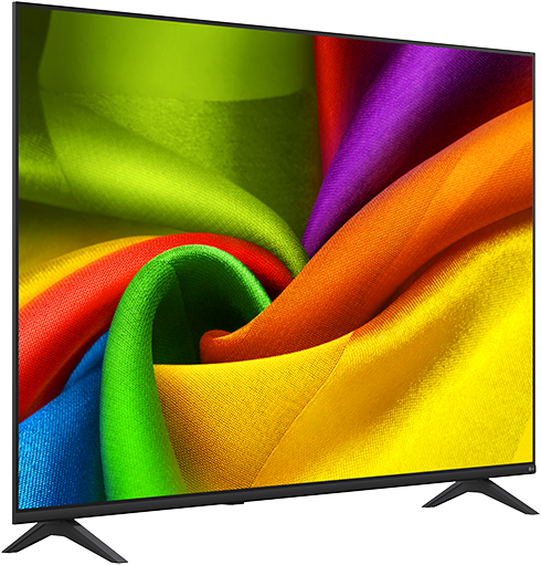 Egy modern síkképernyős TV élénk, absztrakt mintát mutat színes anyagcsavarodásokból.