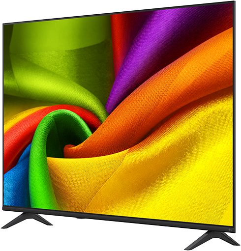 Egy modern TV szivárvány színekben pompázó, hullámos anyagmintát jelenít meg.