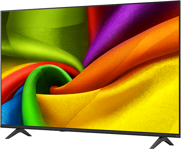 Egy modern televízió színes anyagok örvénylő mintázatát jeleníti meg.