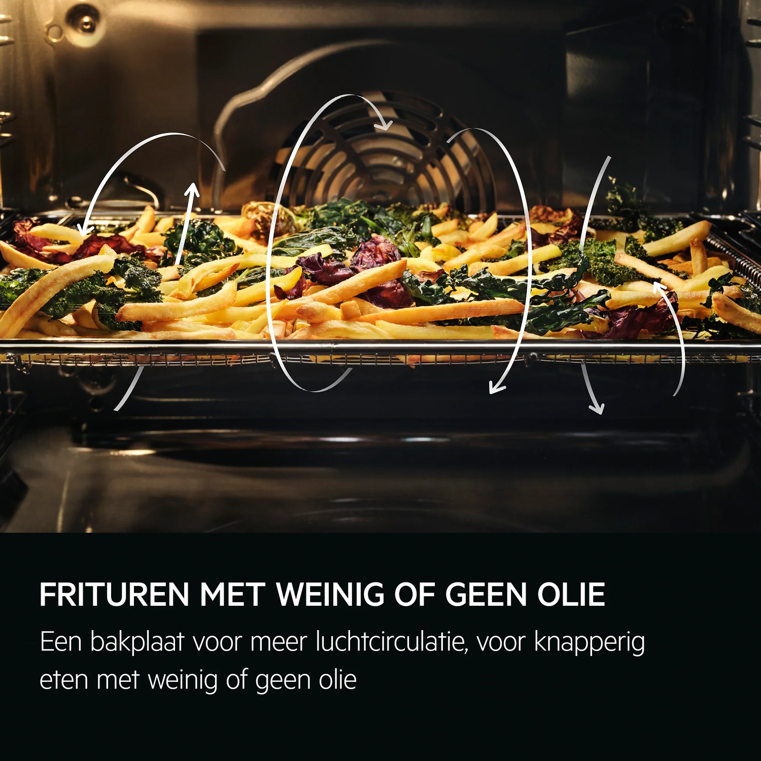 Frites et chou frisé sur une plaque dans un four, avec des flèches.
