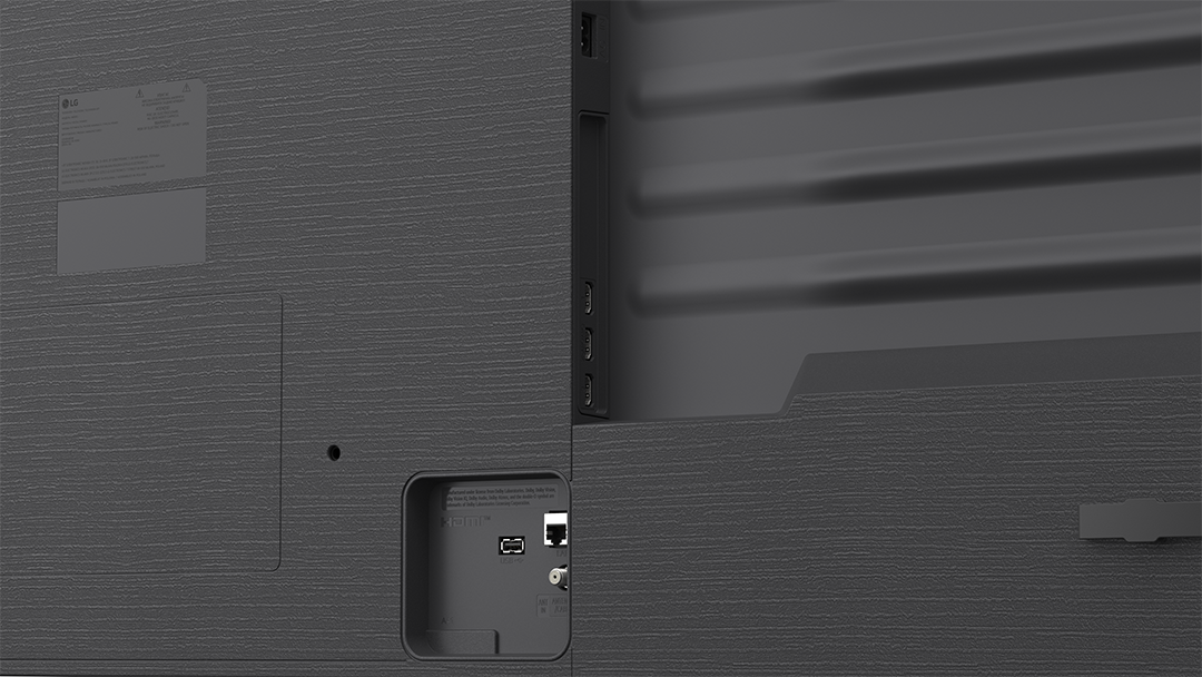 TV hátulja portokkal: HDMI, USB, LAN, RF bemenet és oldalsó HDMI portok.