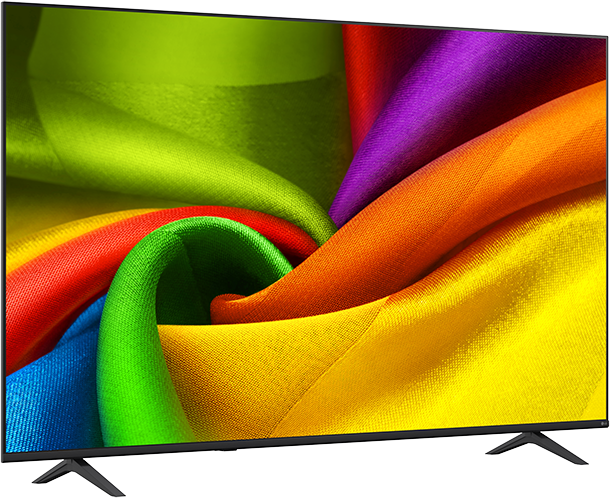 Egy modern síkképernyős TV színes, sodródó szalagok absztrakt mintázatát jeleníti meg.