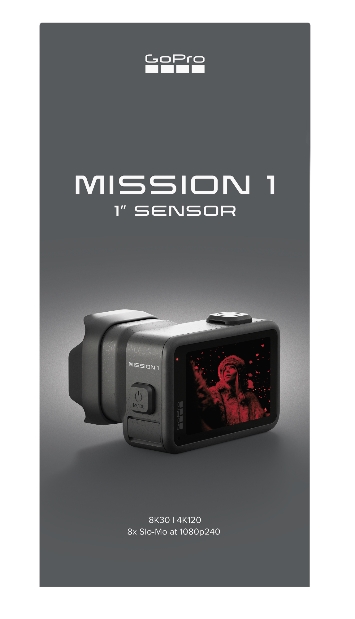 Kamera GoPro "MISSION 1" z sensorem 1", pokazuje kobietę w czerwonym futrze. 8K30, 4K120.