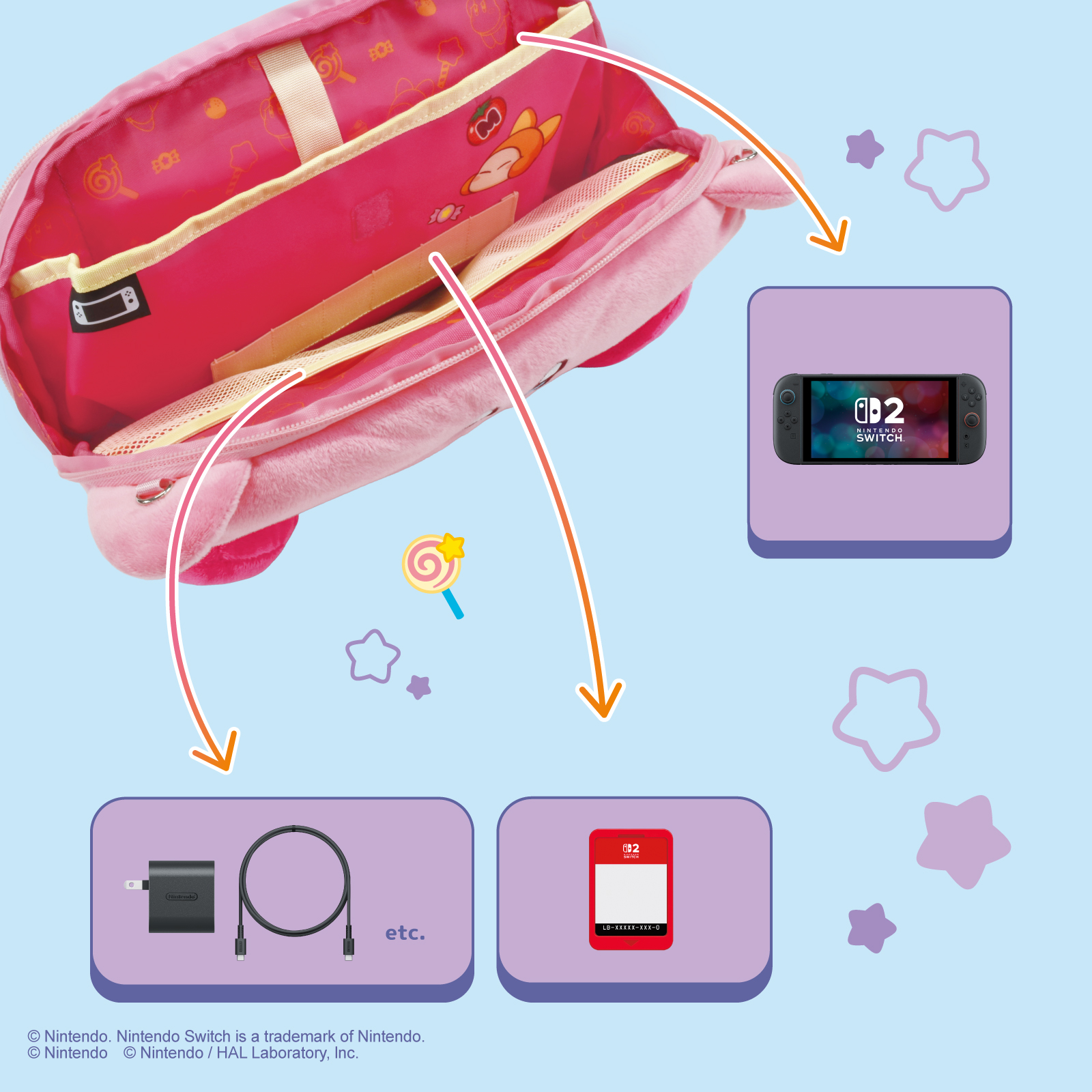 Ein pinker Beutel mit Nintendo Switch, Ladekabel und Spiel.