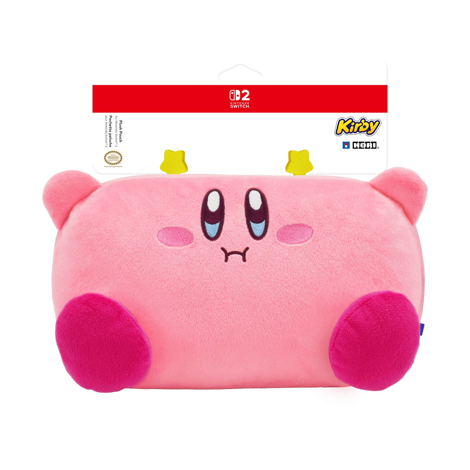 Ein rosa Kirby-Plüschbeutel mit Sternen auf dem Kopf und Nintendo Switch-Logo.