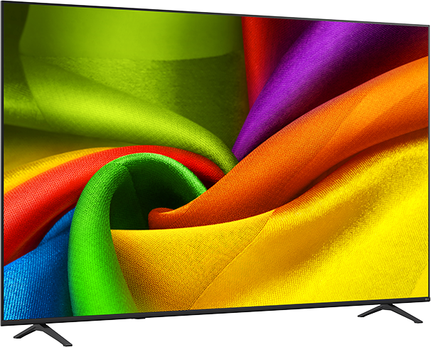 Egy fekete televízió színes szalagos absztrakt mintát jelenít meg.