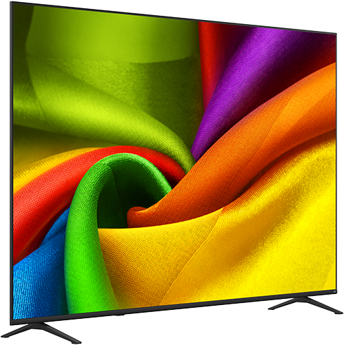 Egy modern televízió piros, narancssárga, sárga, zöld és lila színű, színes anyagok absztrakt képét jeleníti meg.