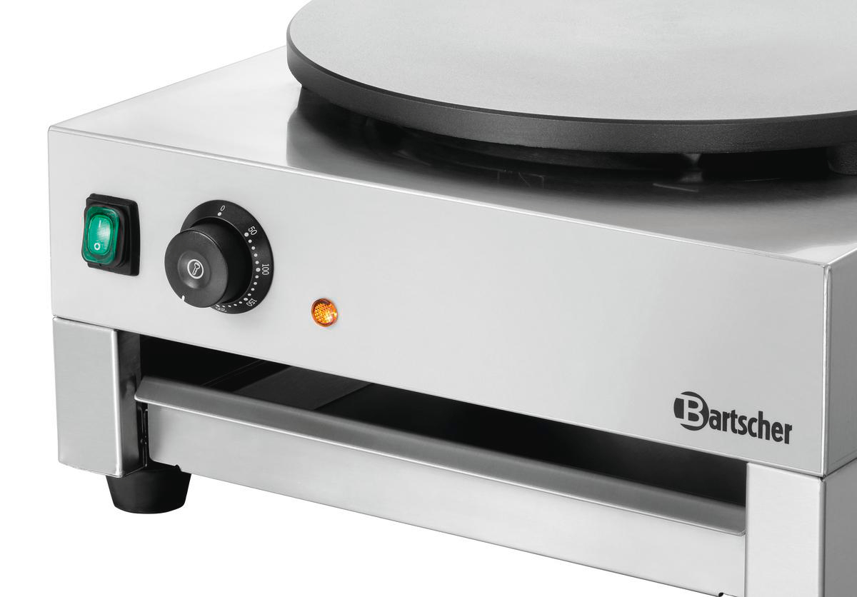 Edelstahl-Crêpes-Maschine mit Schalter, Drehknopf, Lämpchen und Bartscher-Logo.