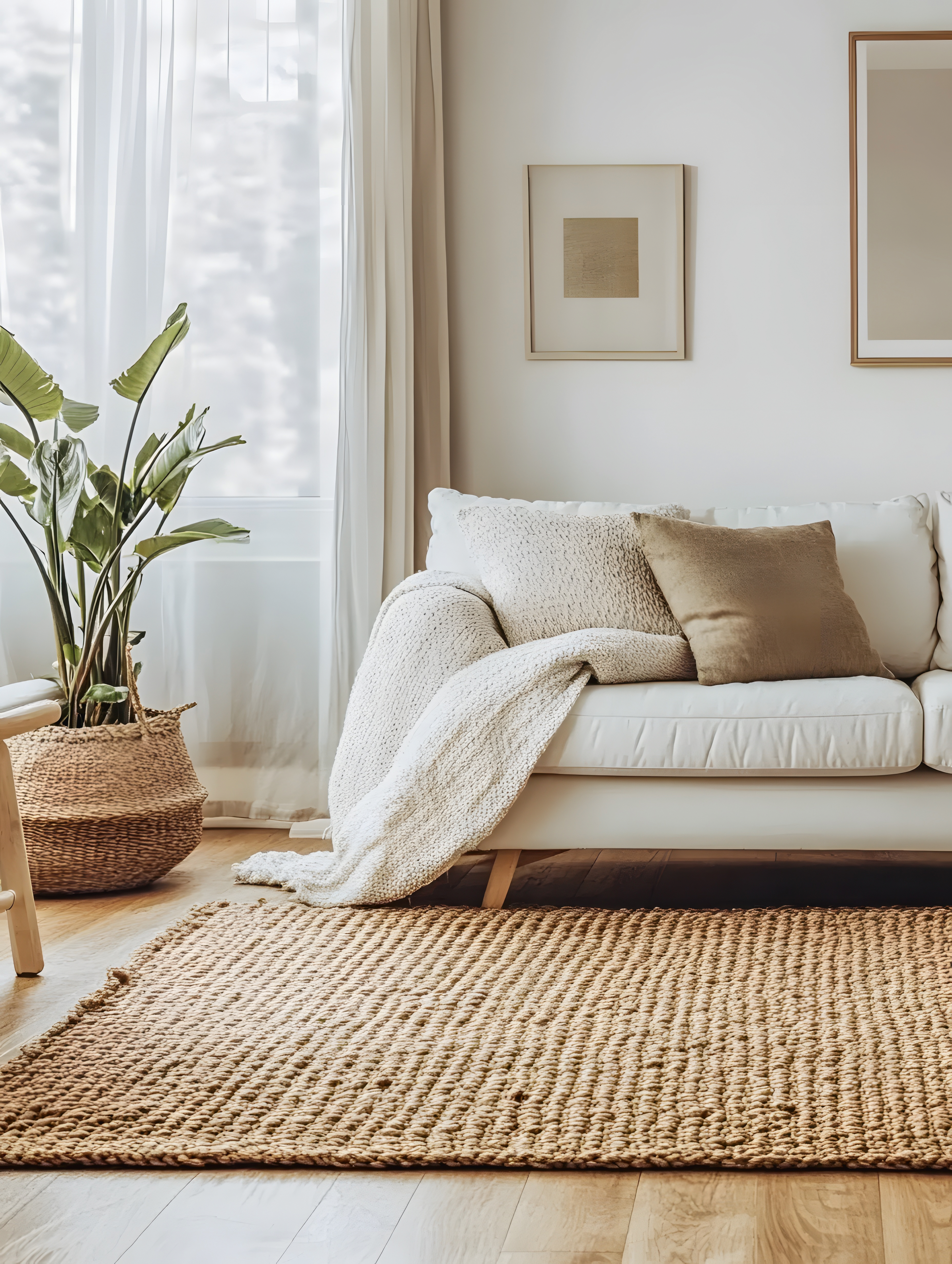 Ein helles Wohnzimmer mit einem weißen Sofa, einem Teppich und einer Pflanze.