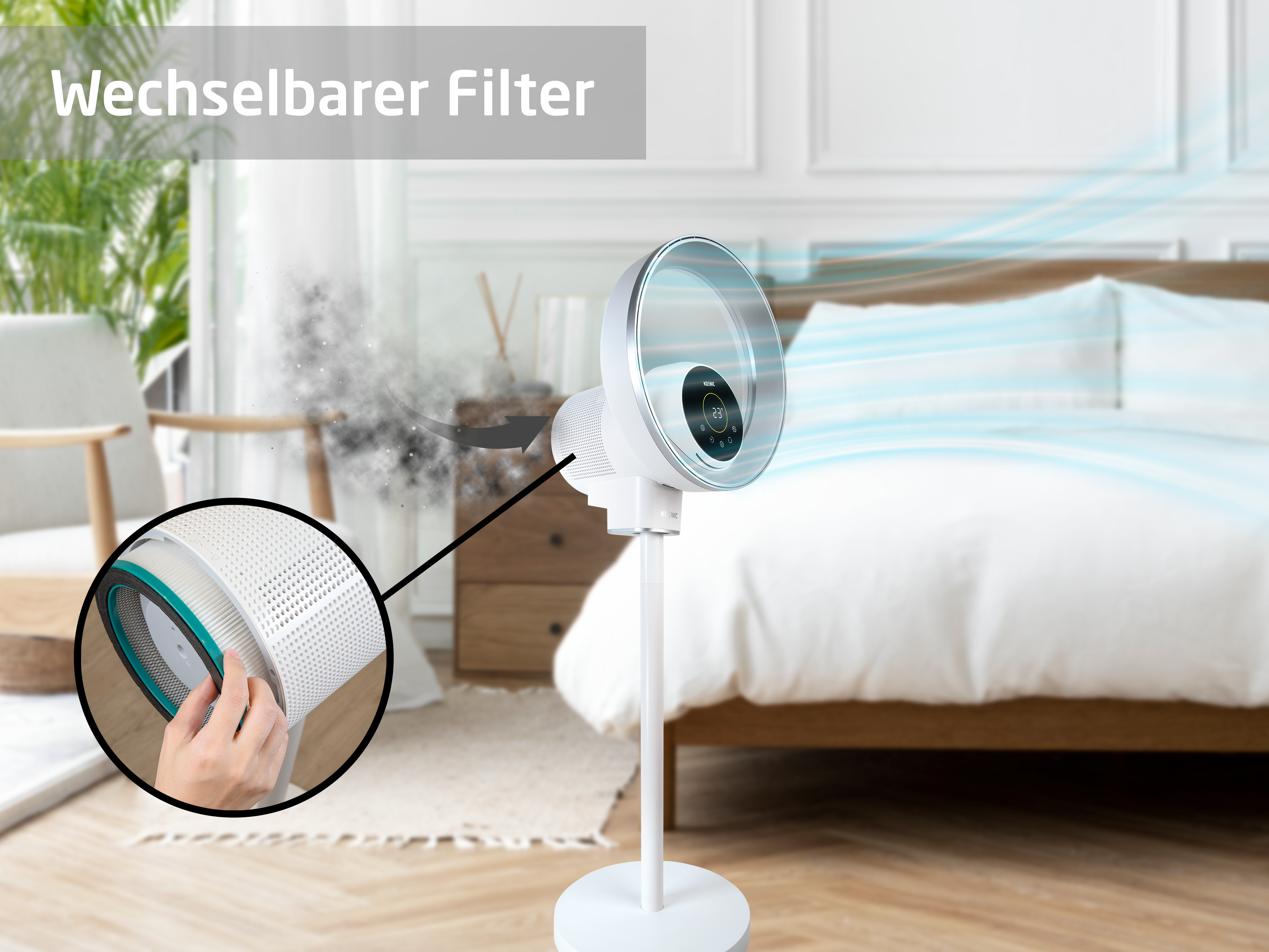 Ein weißer Ventilator mit Filter im Schlafzimmer. Ein Ausschnitt zeigt den Wechsel des Filters.
