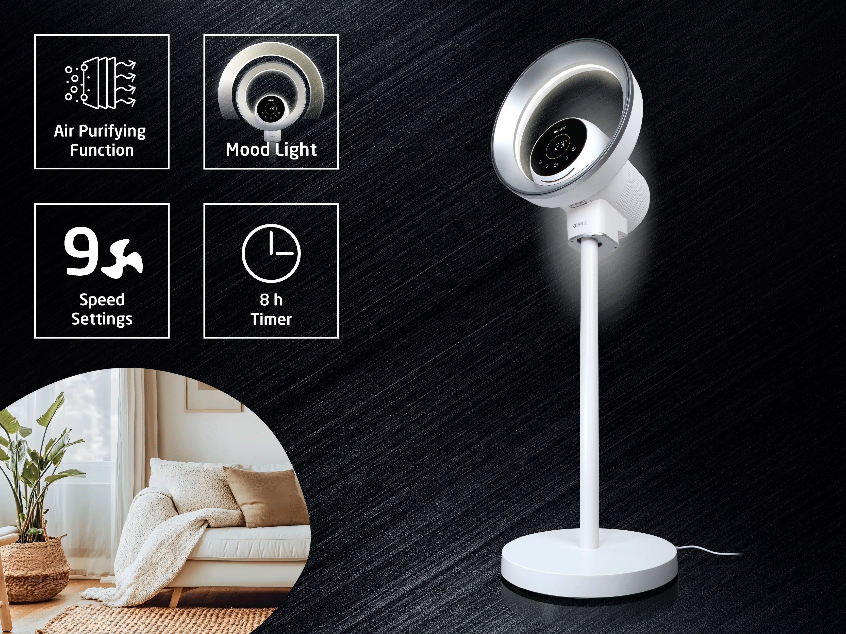 Ein weißer Ventilator mit Luftreinigung, Stimmungslicht, 9 Geschwindigkeiten und 8h Timer.