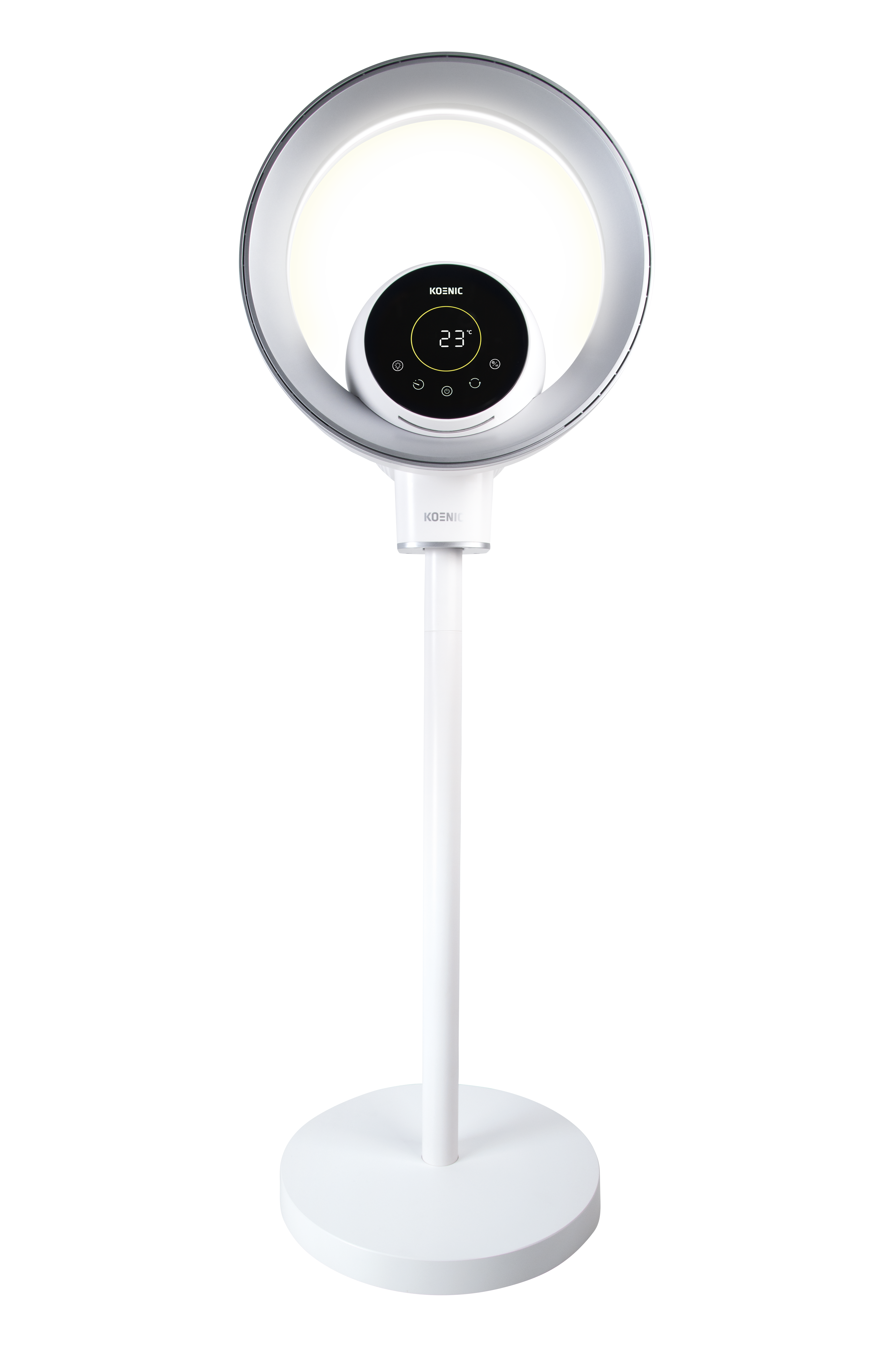 Ein weißer Ventilator mit Ringlicht und digitaler Anzeige für 23 Grad.