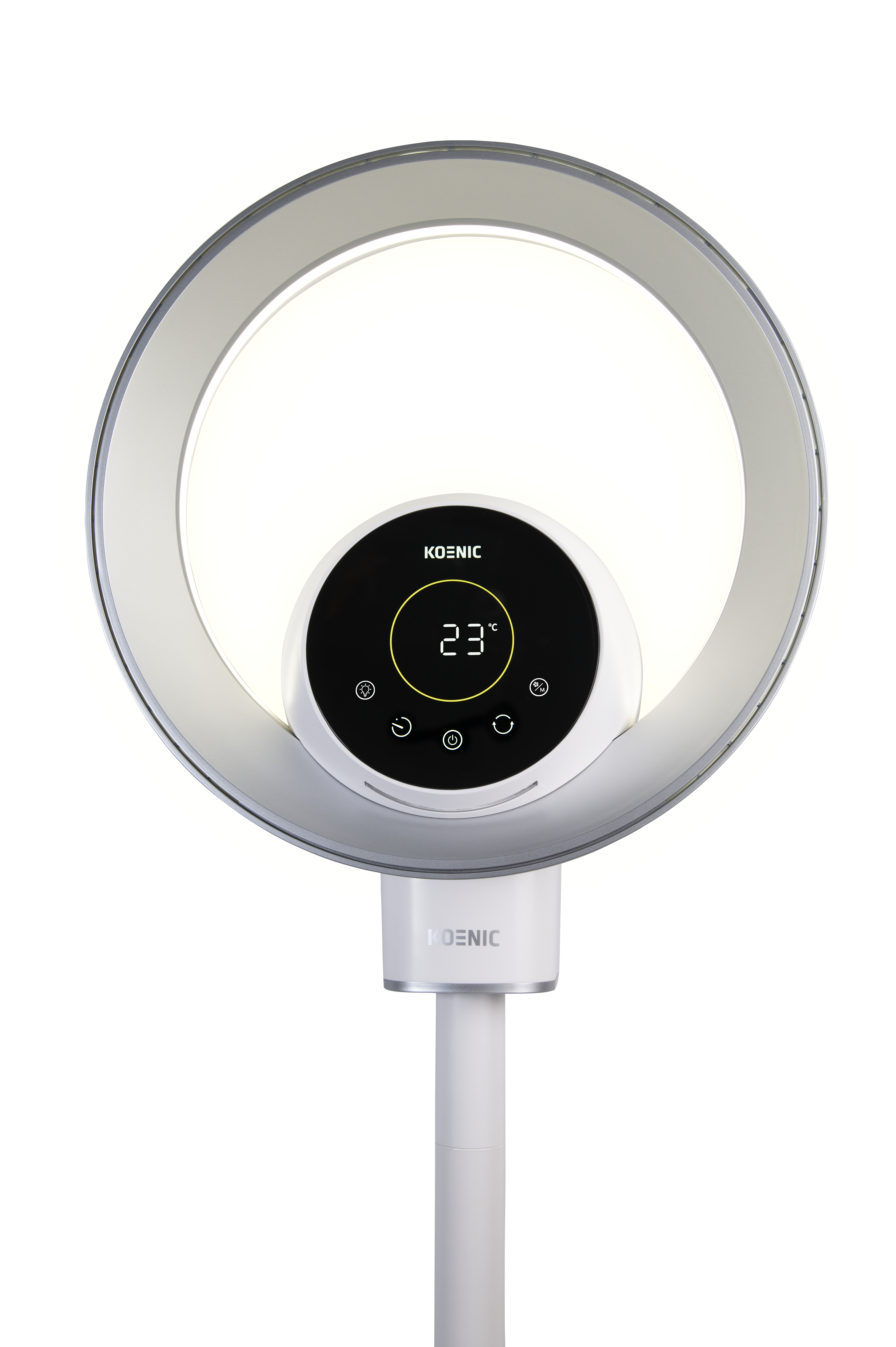 Ein weißer Ventilator mit rundem Ring und digitalem Display, das 23°C anzeigt.