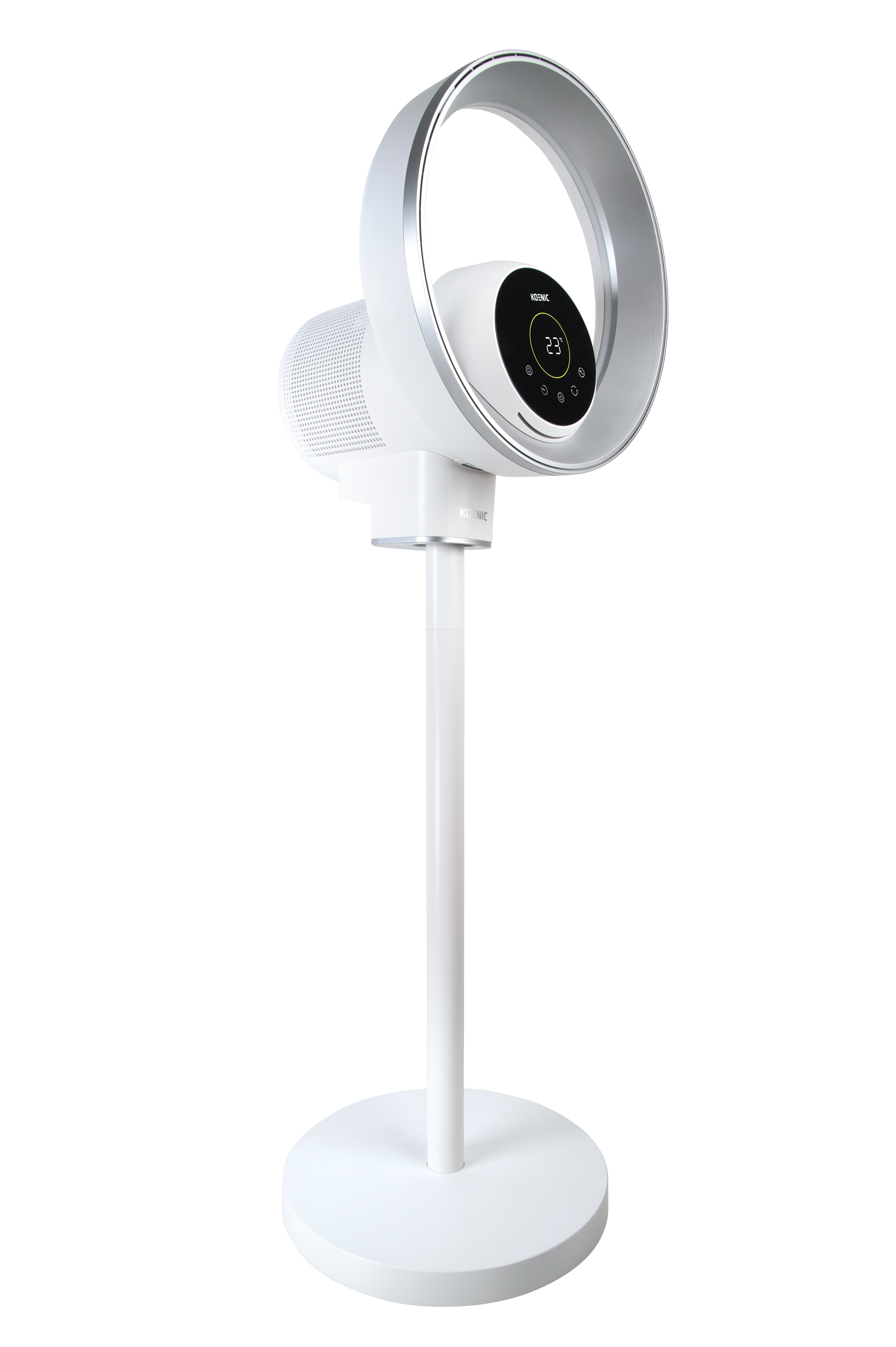 Ein weißer Turmventilator mit digitaler Anzeige und silbernem Ring.