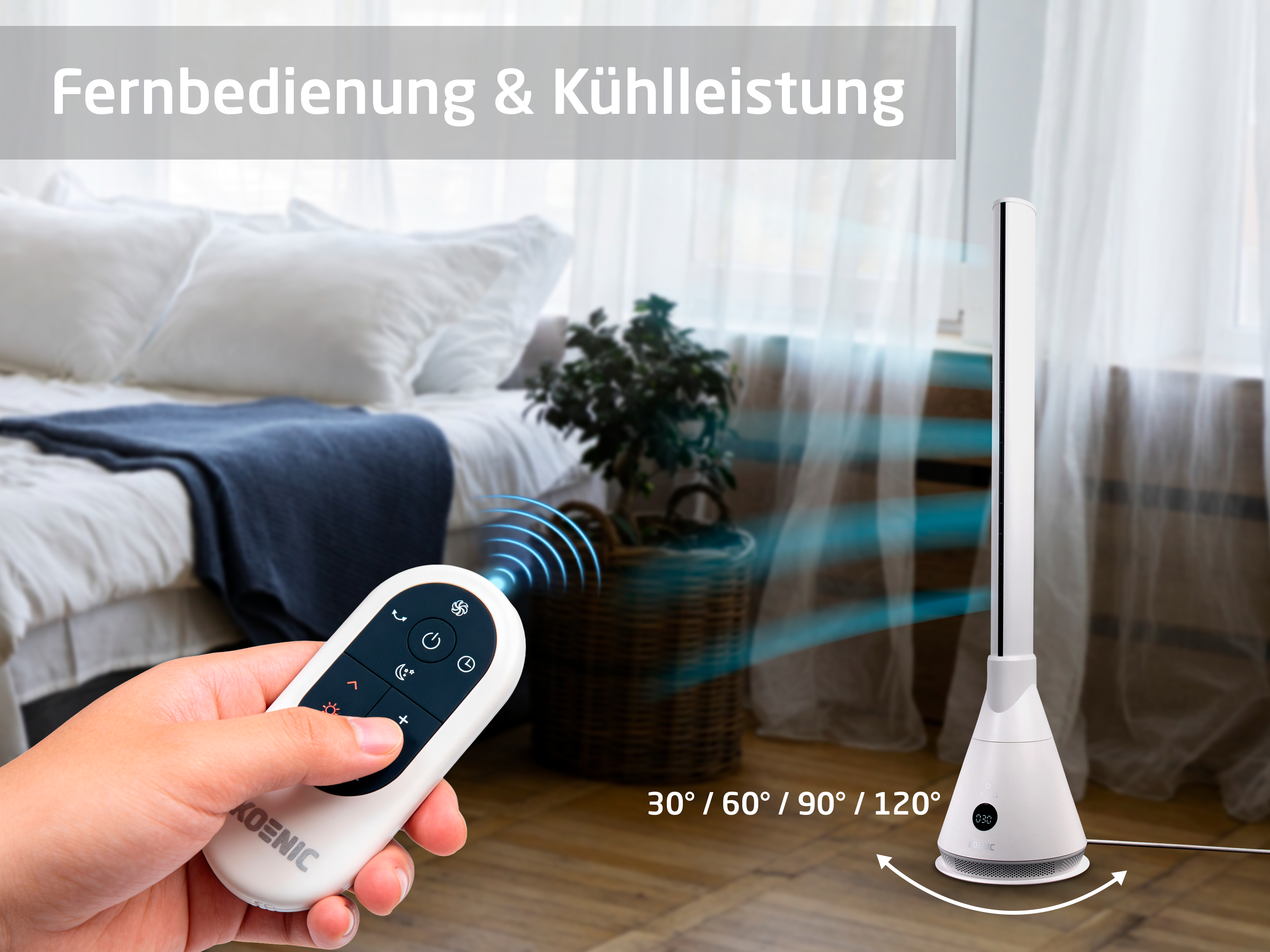 Ein weißer Turmventilator mit Fernbedienung, der Luft in ein Schlafzimmer bläst.