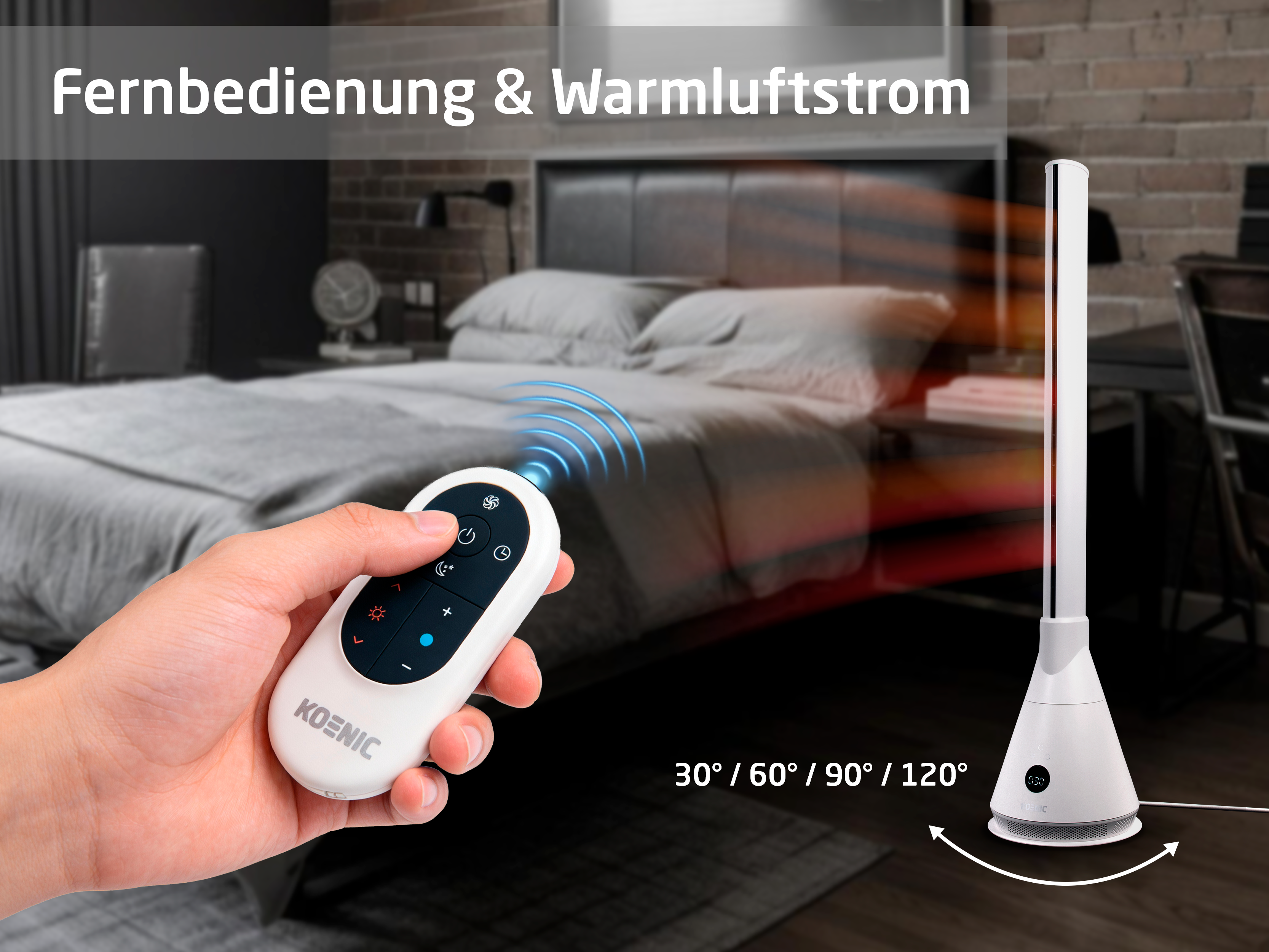 Eine Hand hält eine Fernbedienung vor einem Schlafzimmer mit einem Turmventilator.