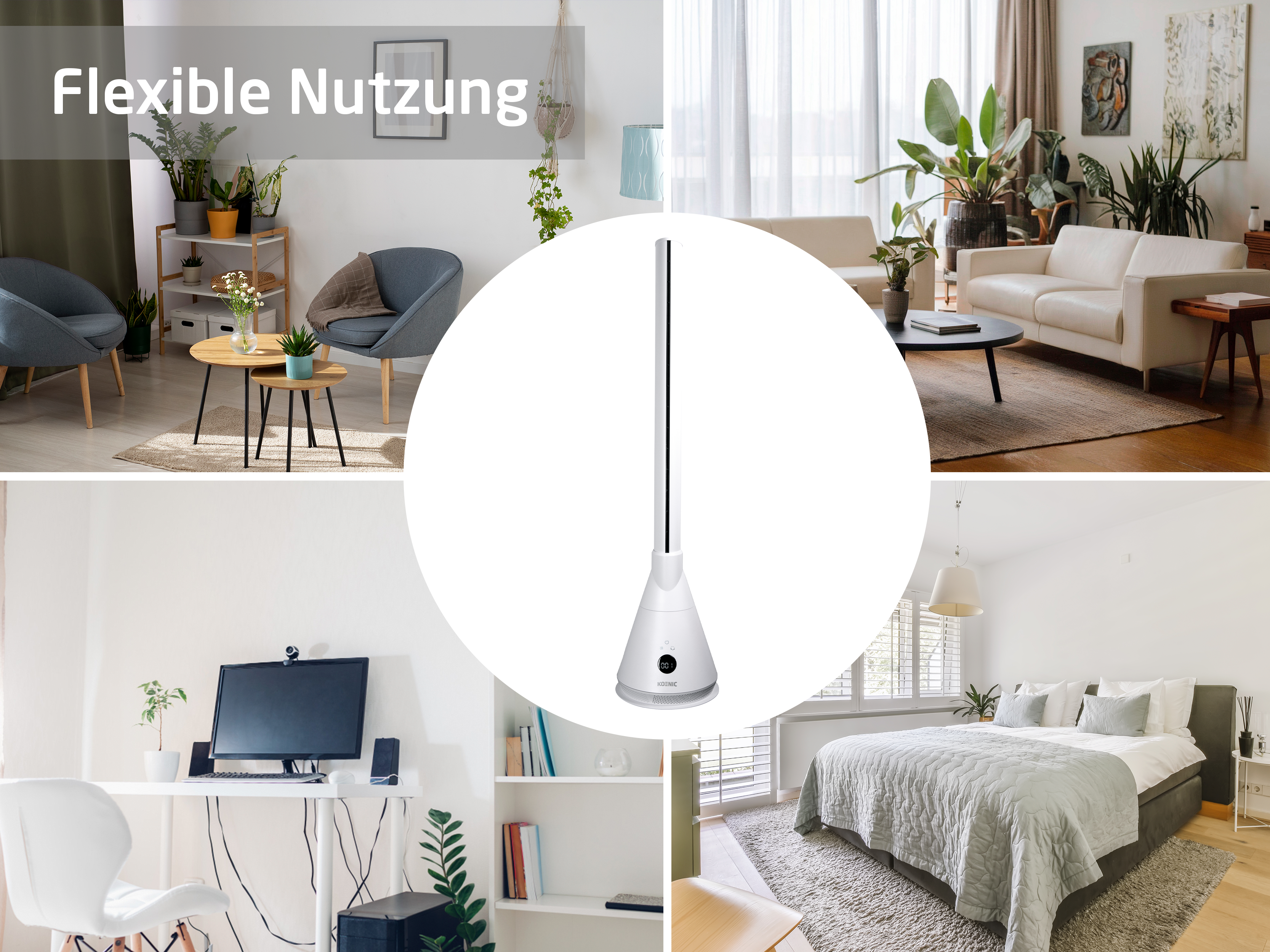 Moderne Wohnbereiche mit Möbeln, Pflanzen und einem Turmventilator.