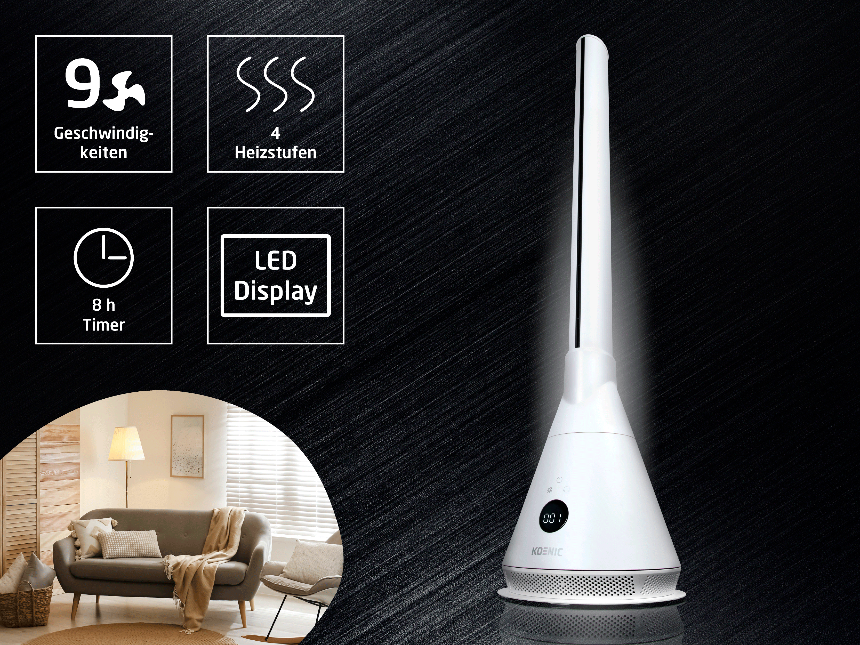 Ein weißer Turmventilator mit LED-Display und 9 Geschwindigkeiten, 4 Heizstufen, 8h Timer.