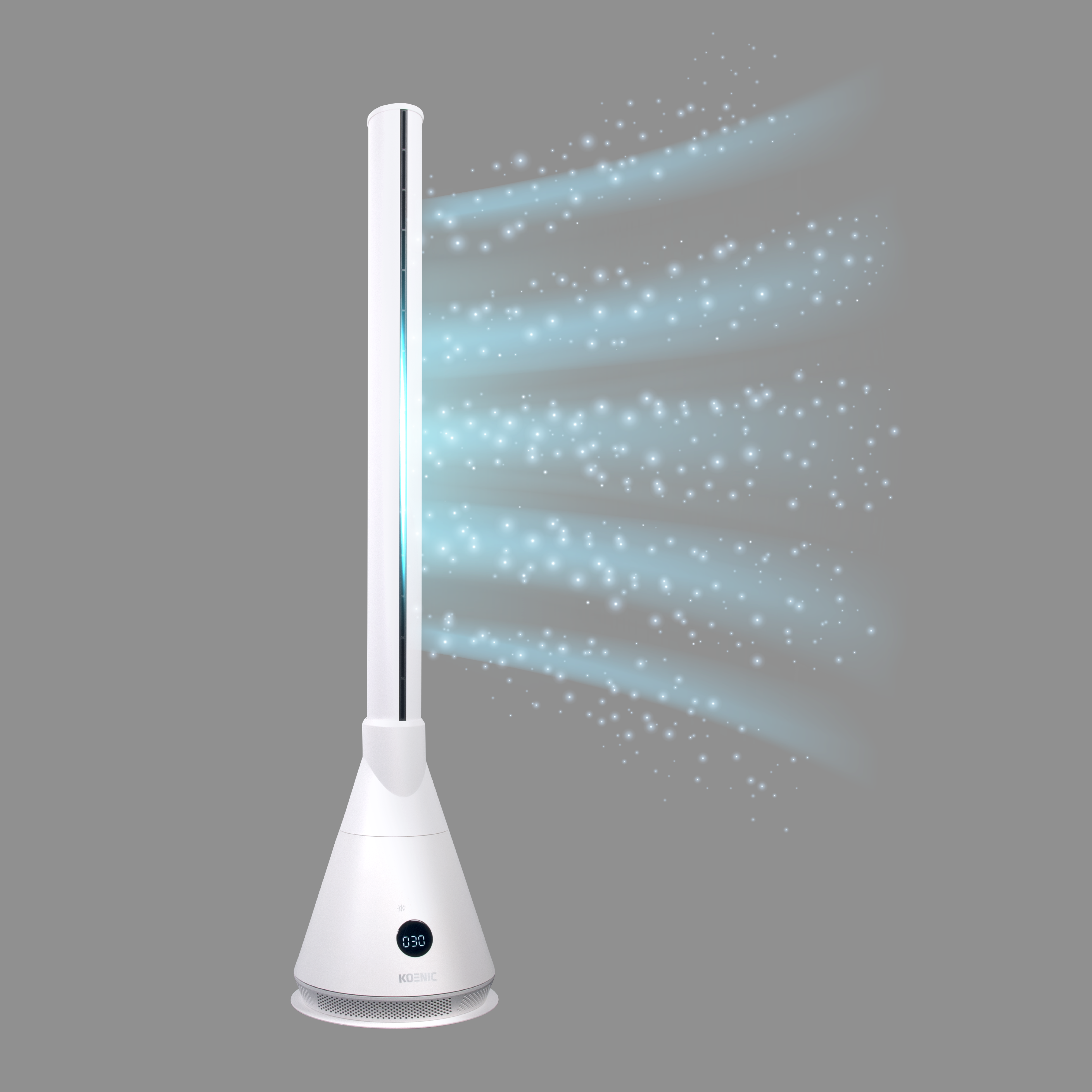Ein weißer Turmventilator mit blauen Luftströmen und funkelnden Partikeln.