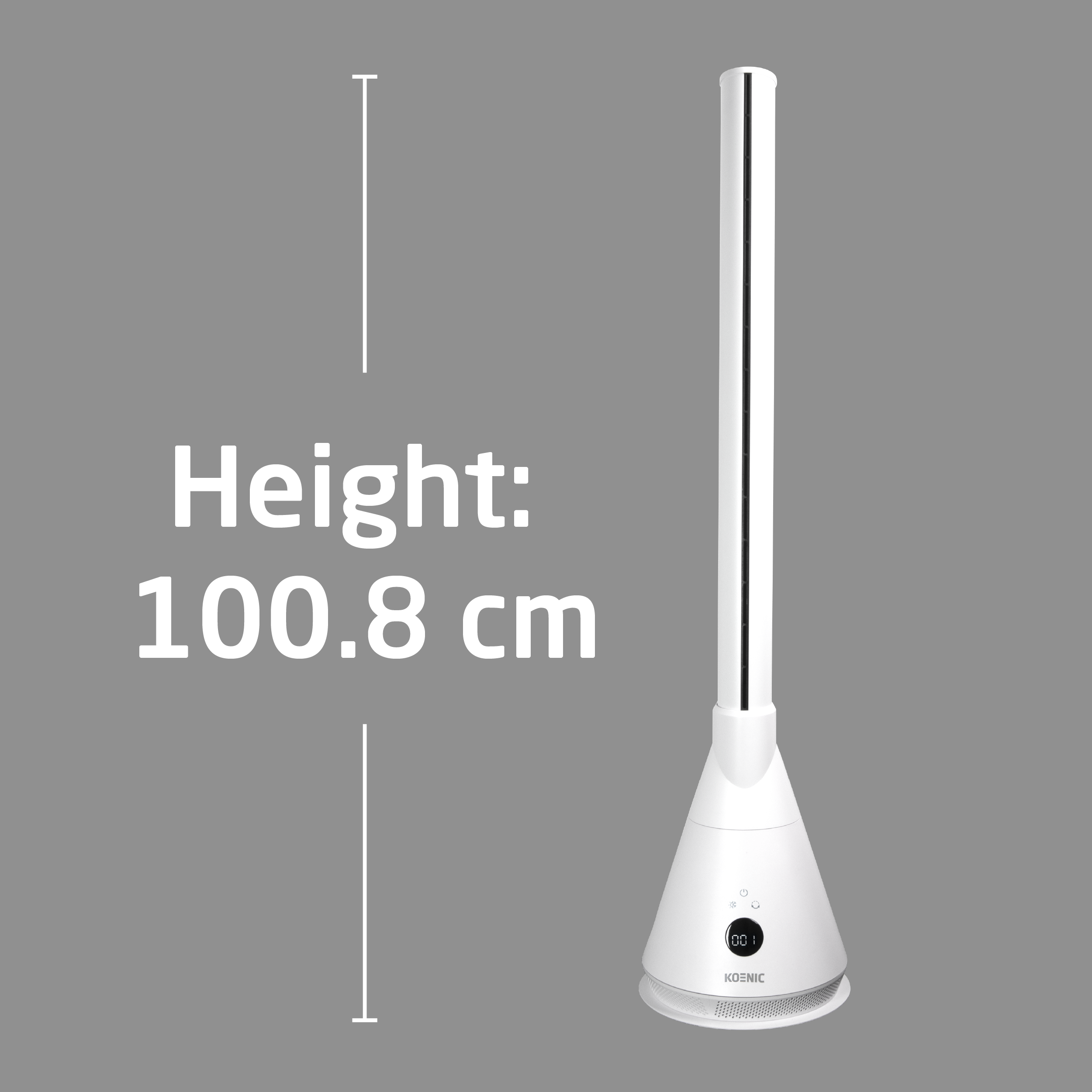 Ein weißer Turmventilator mit einer Höhe von 100,8 cm.