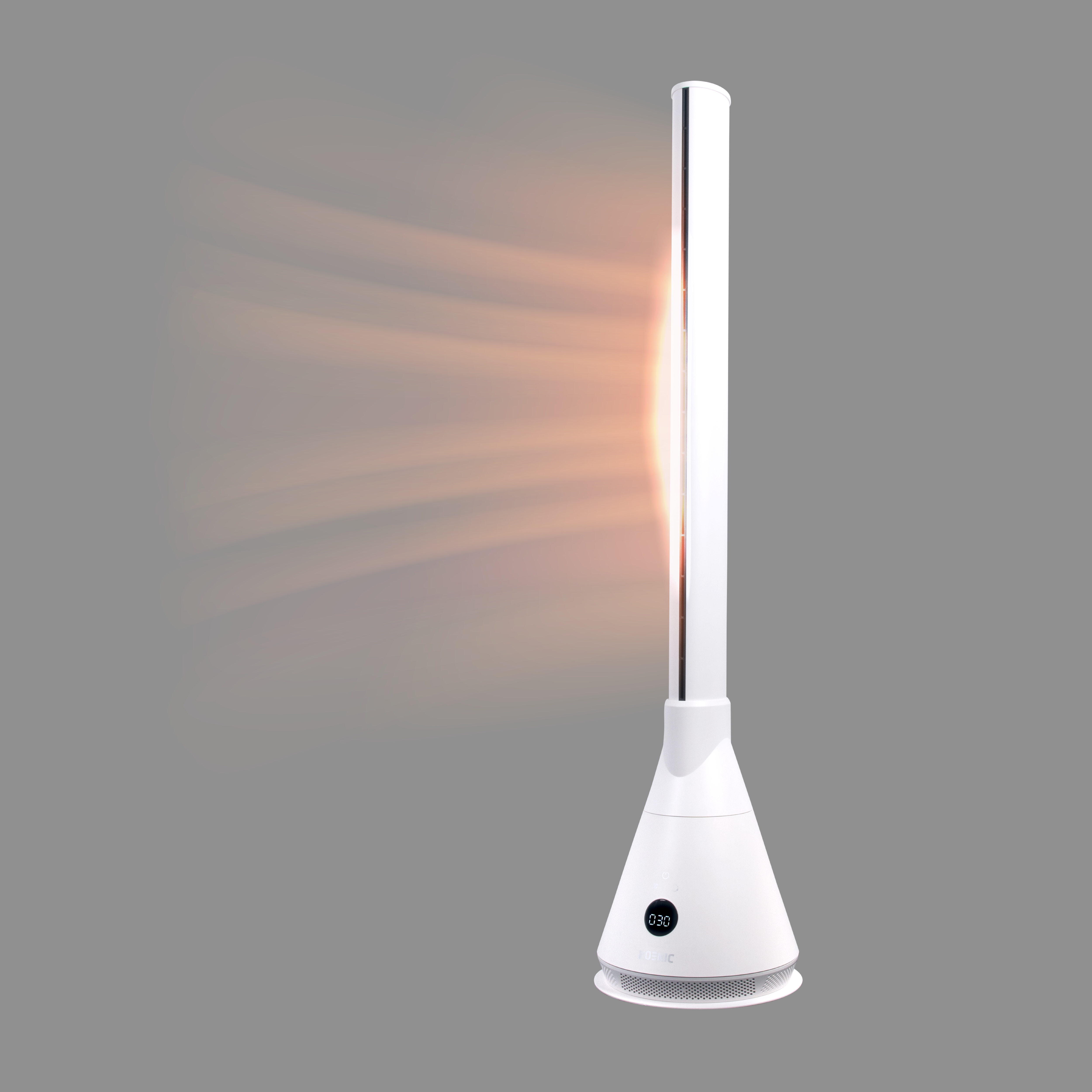 Ein weißer Turmventilator mit beleuchtetem Display auf grauem Hintergrund.