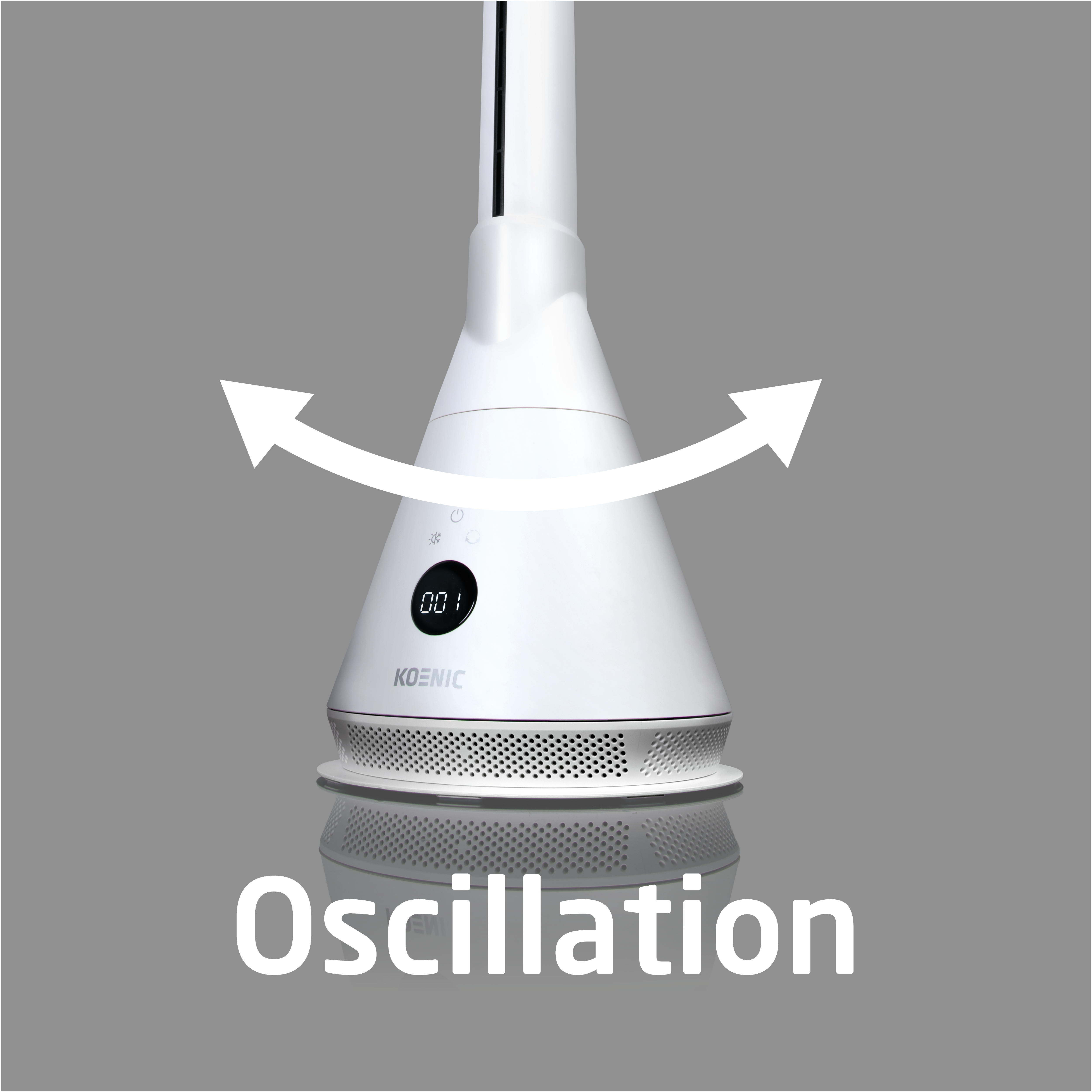 Ein weißer Turmventilator mit Pfeilen, die Oszillation anzeigen.