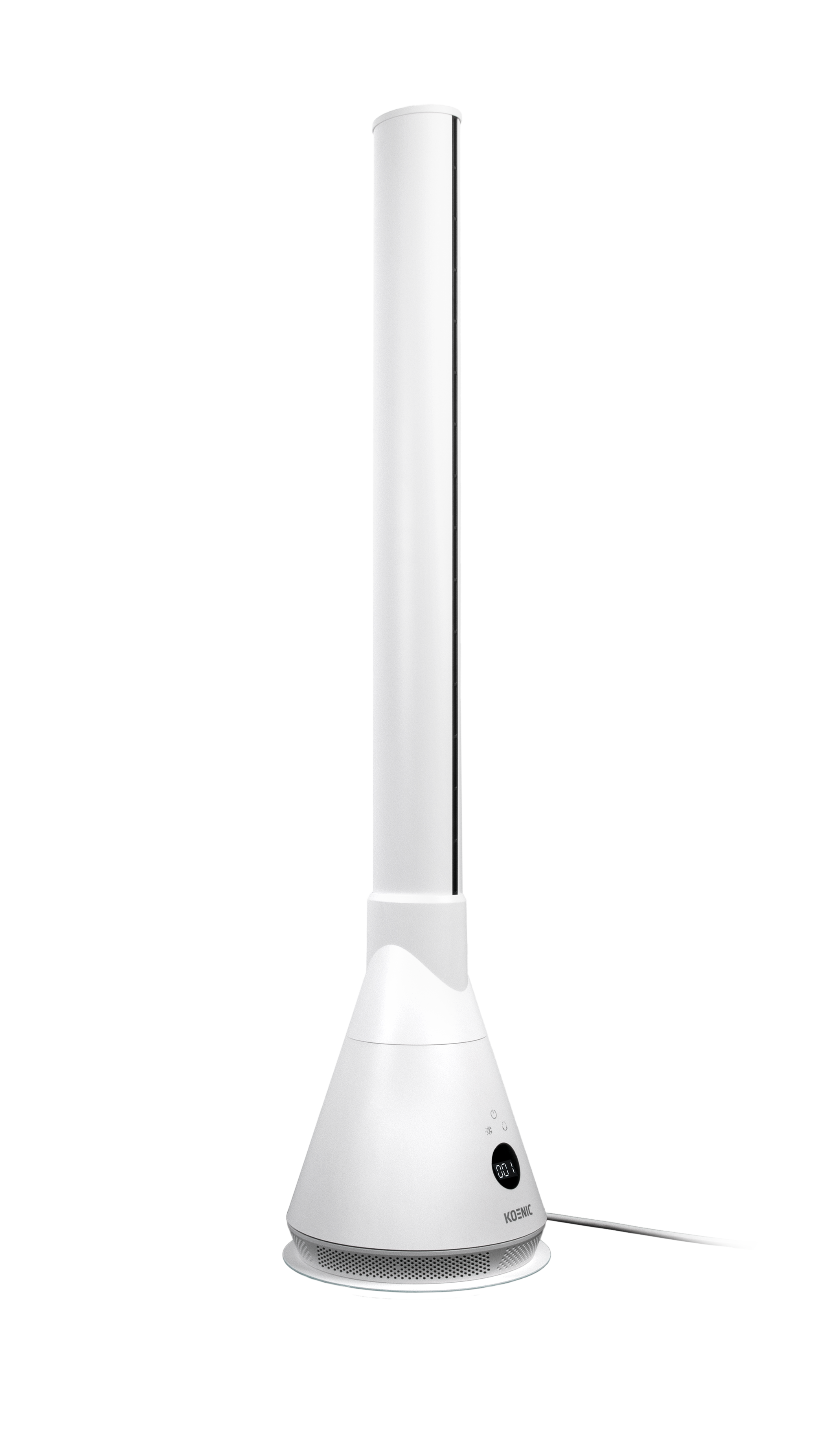 Ein weißer Turmventilator mit digitaler Anzeige und Bedienelementen.