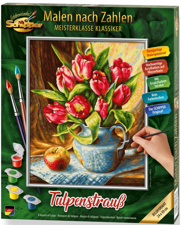 Malset mit Tulpen-Motiv, inklusive Pinsel und Farben. Auf der Packung steht 'Malen nach Zahlen'.
