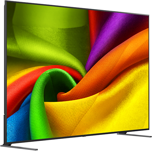 Egy televízió zöld, sárga, narancs, lila és piros színű, örvénylő színes anyagokat mutat.