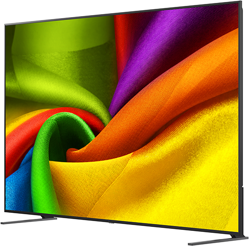 Egy ívelt TV zöld, lila, narancs, piros és sárga színű, színes, áramló szövet élénk örvényét mutatja.