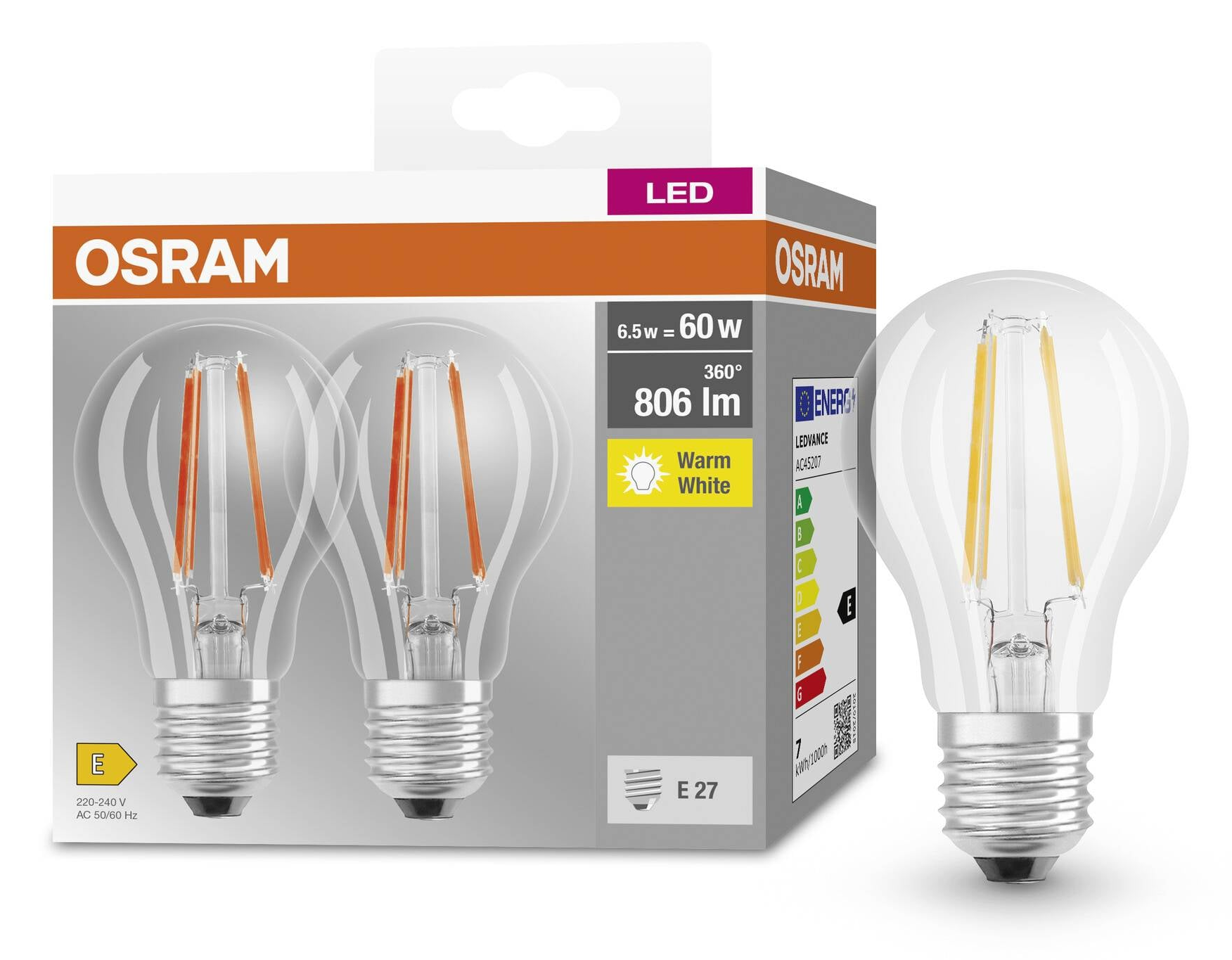 OSRAM A60 LED izzó, E27, filament, 7W, 827, 2 db (4099854064098)