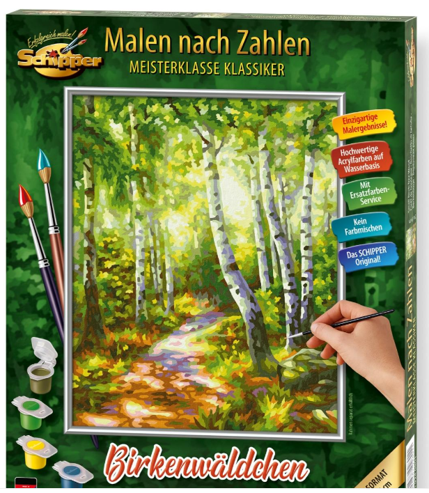 Ein Malset für ein Birkenwäldchen mit Pinseln, Farben und Anleitung.