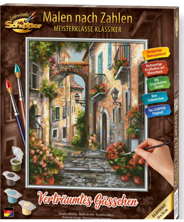 Malen nach Zahlen Set: Eine charmante Gasse mit Blumen, Gebäuden und Malutensilien.