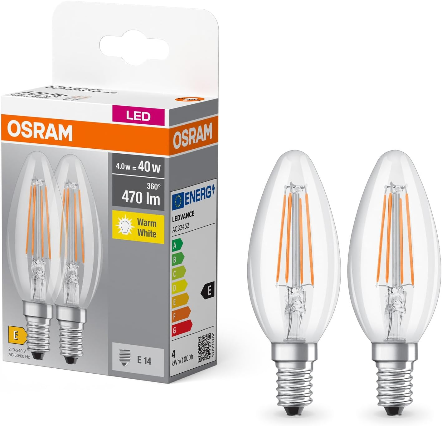 OSRAM B40 LED izzó, E14, filament, 4W, 827, 2 db (4099854090226)