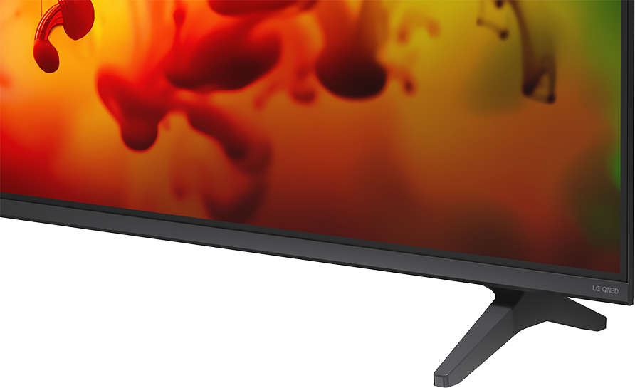 LG QNED TV absztrakt piros-sárga folyékony művészettel.