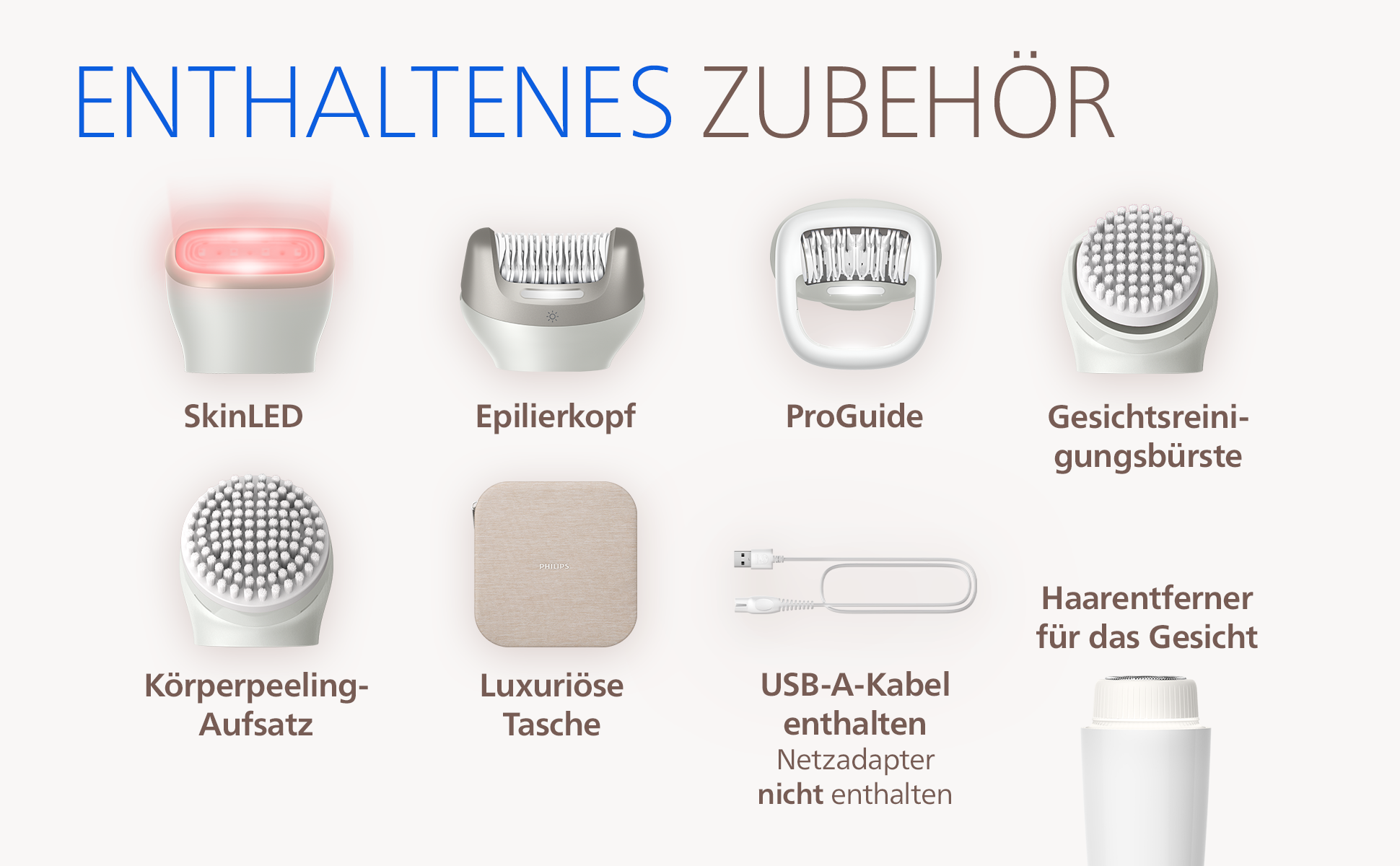 Enthaltenes Zubehör: SkinLED, Epilierkopf, ProGuide, Gesichtsreinigungsbürste, Körperpeeling-Aufsatz, Tasche, USB-Kabel.
