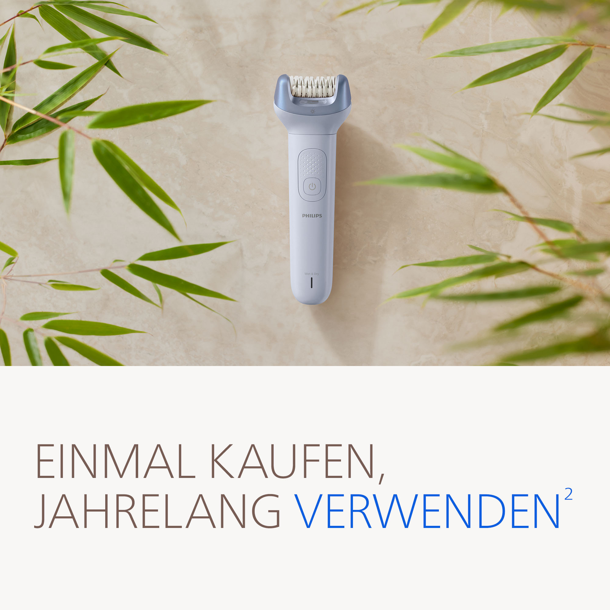 Ein weißer Philips Epilierer mit Schwingkopf vor einer Wand.