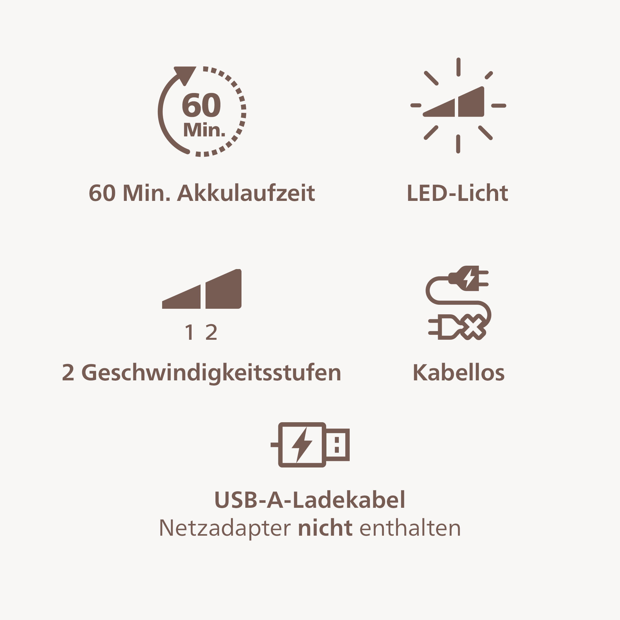 60 min autonomia, luce LED, 2 velocità, Senza fili, Cavo USB-A (senza adattatore).