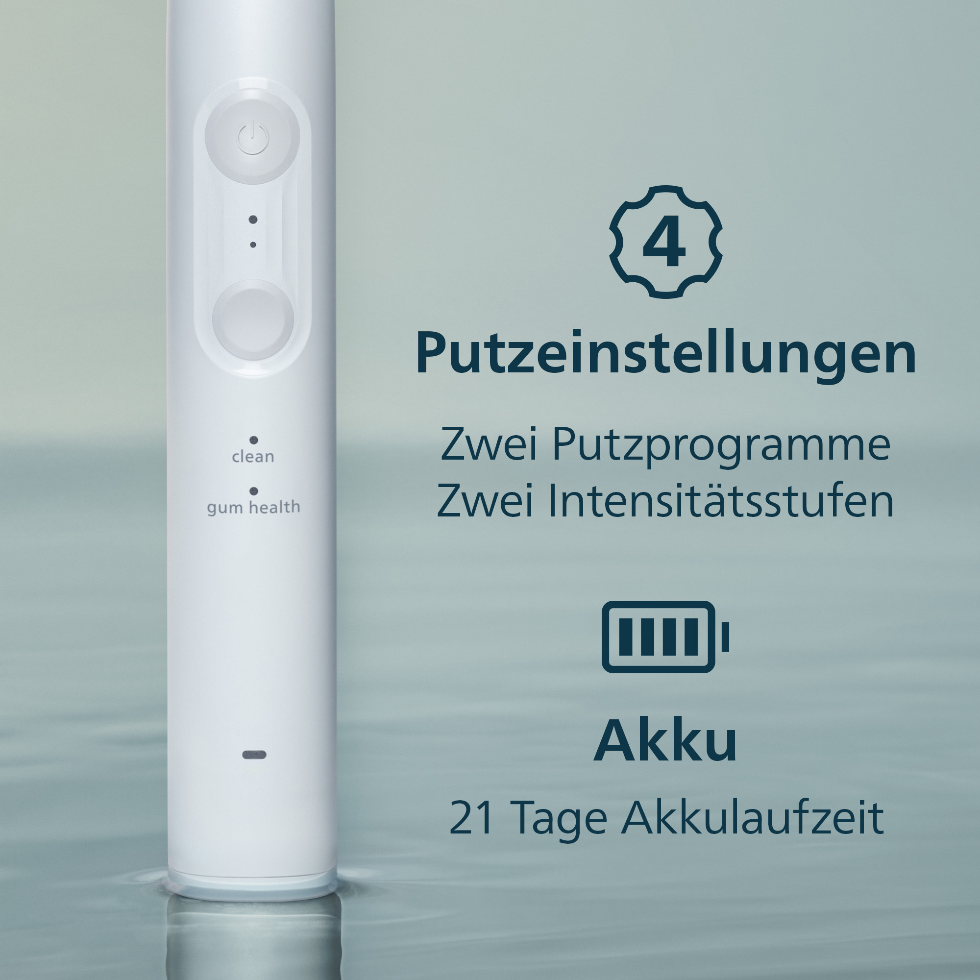 Brosse à dents électrique avec 4 modes de nettoyage et autonomie de 21 jours.