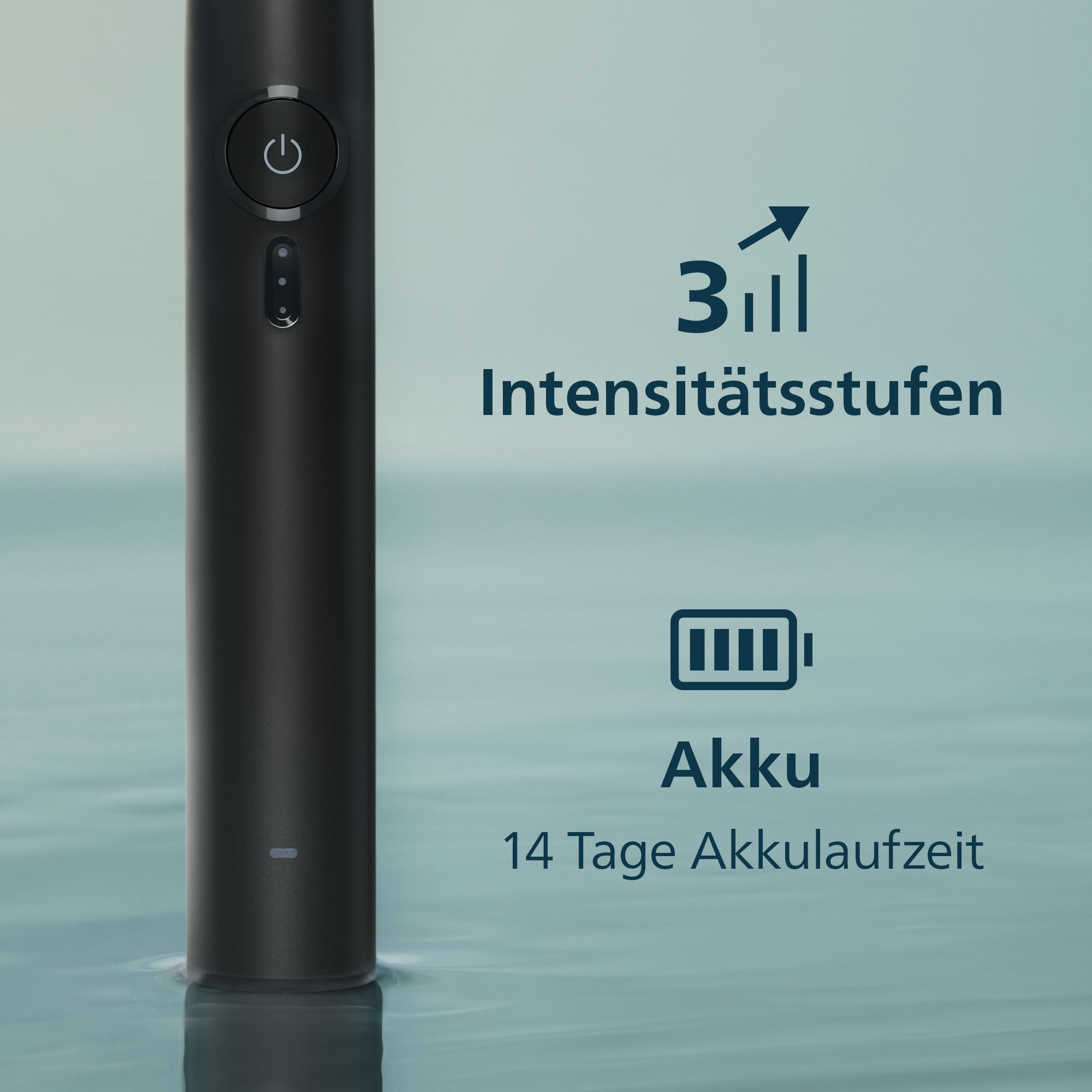 Schwarzer Elektrorasierer mit 3 Intensitätsstufen und 14 Tage Akkulaufzeit.