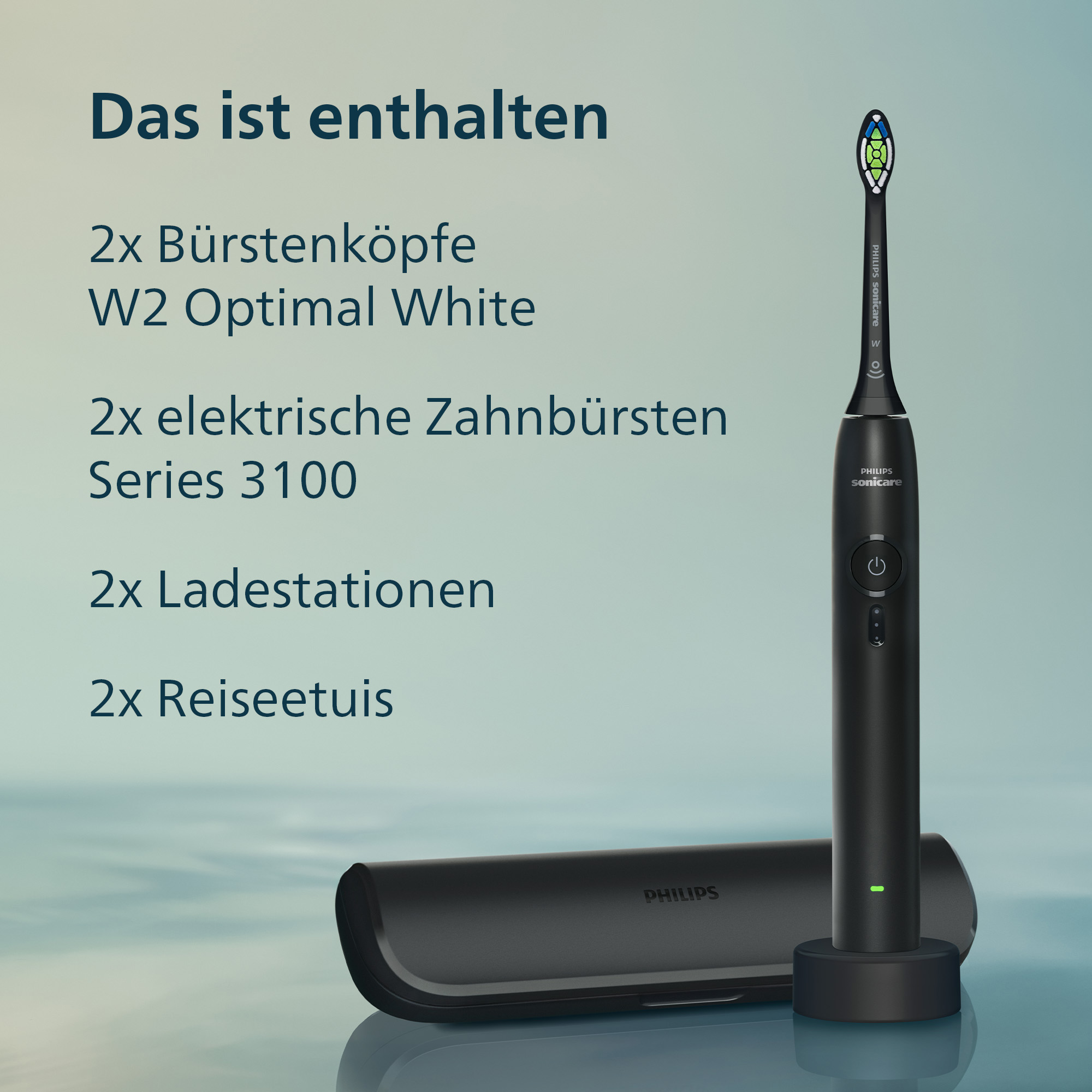 Schwarze Schallzahnbürste mit Ladestation, Reiseetui und Ersatzbürstenköpfen.