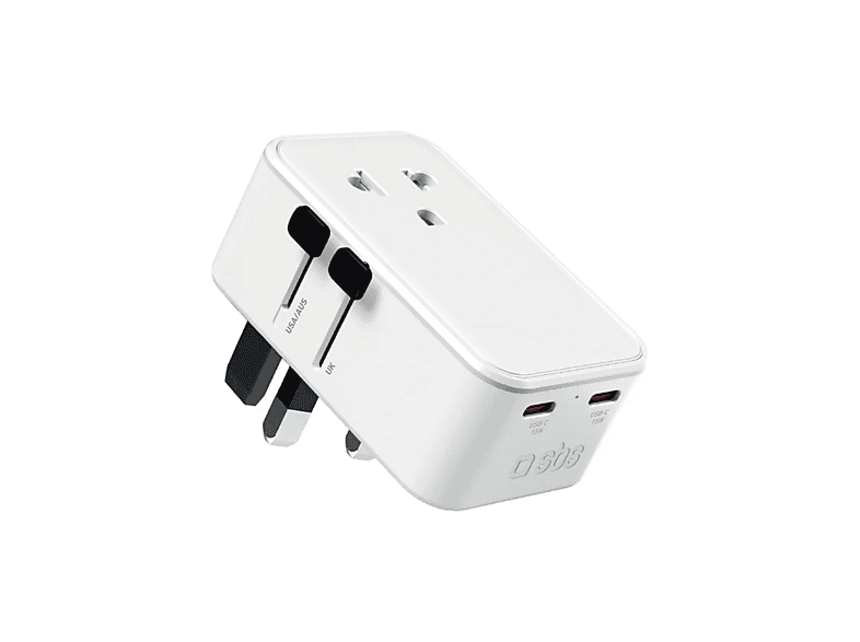 SBS 36731 Universeller Reiseadapter Slim, 15 W, mit 2 USB-C-Anschlüssen und 1 USB-A-Anschluss; USB-Reiseadapter