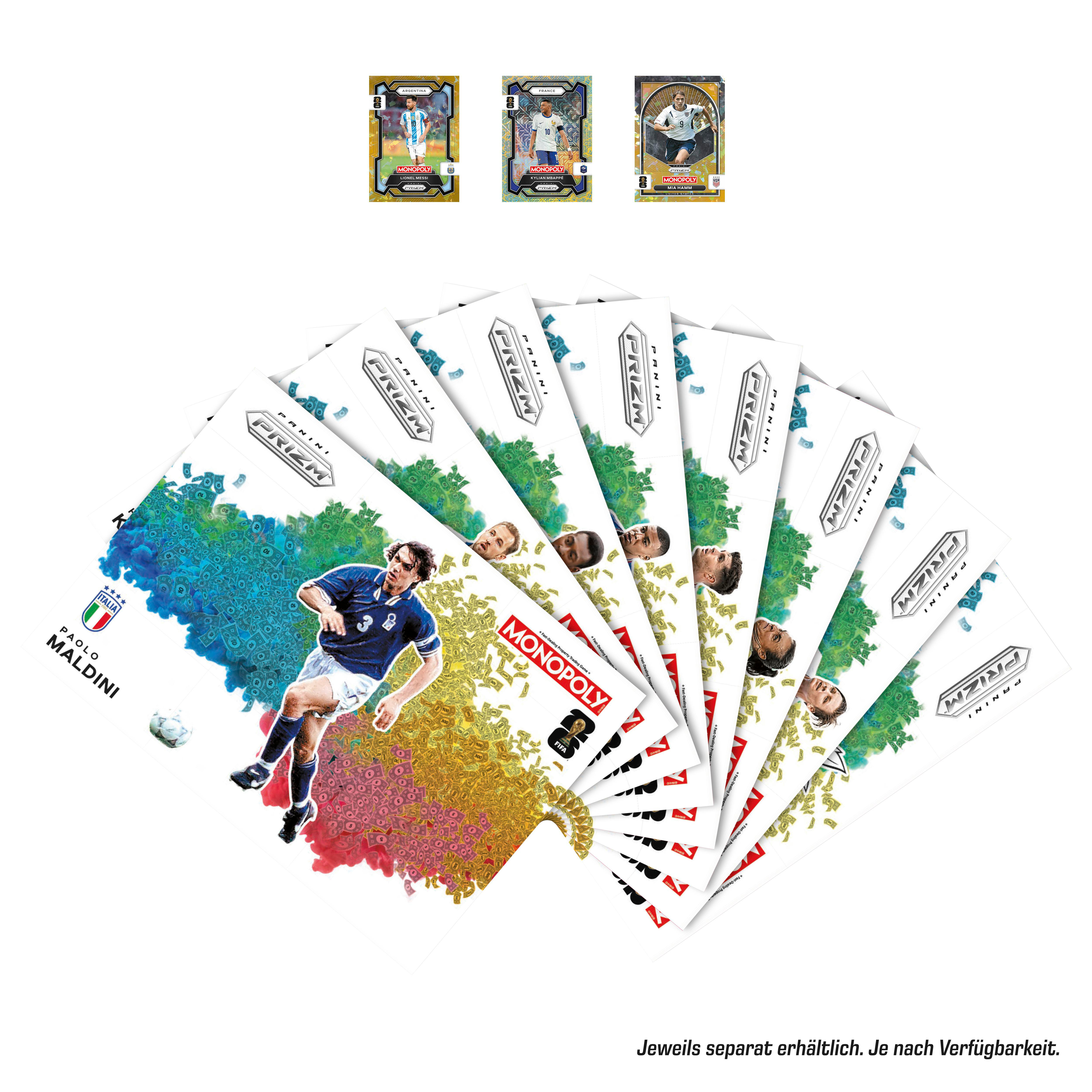 Fuballkarten mit Spielern wie Messi, Mbappé, Hamm und Maldini, umgeben von Spielgeld.