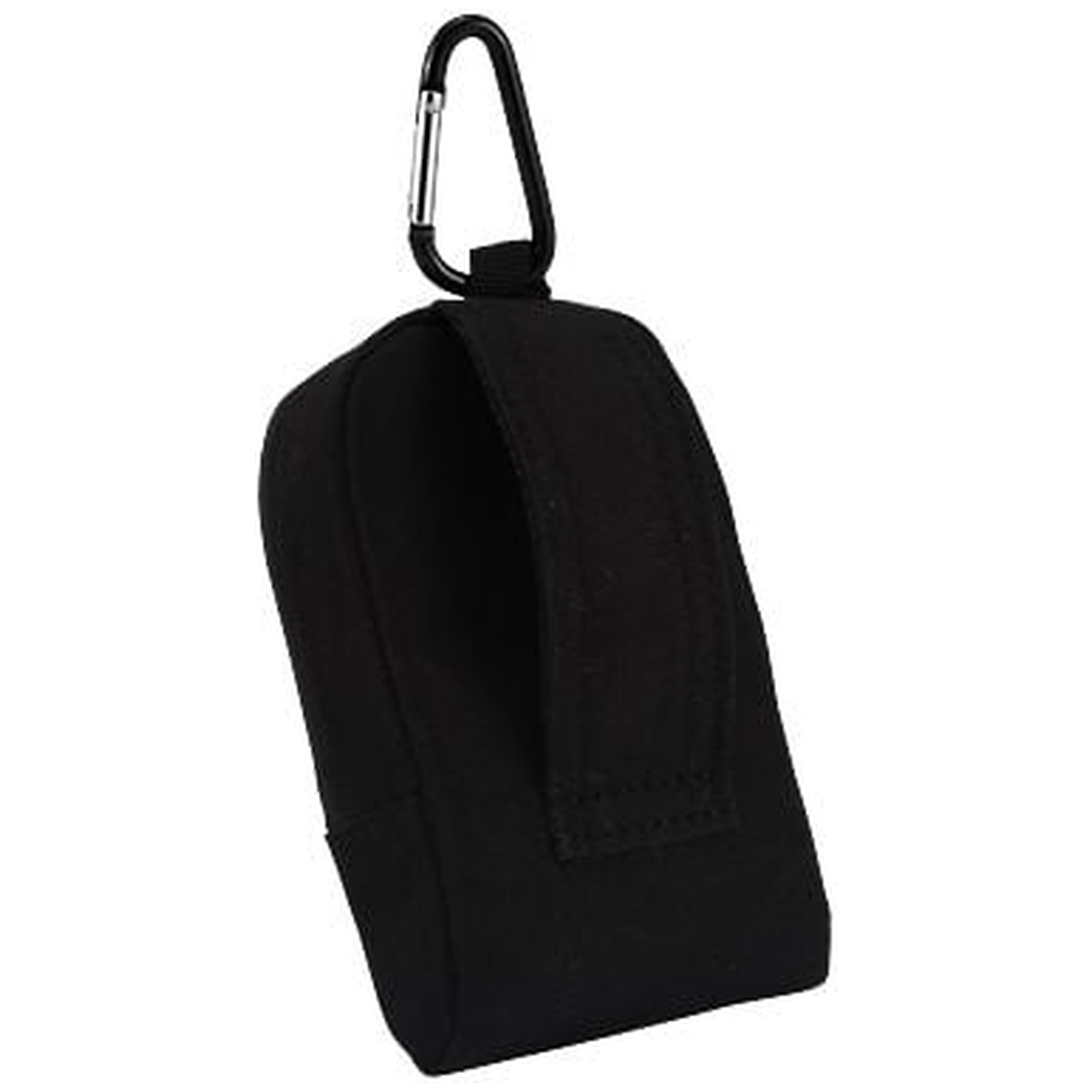 Zwarte stoffen etui met karabijnsluiting, ontworpen om op te hangen.