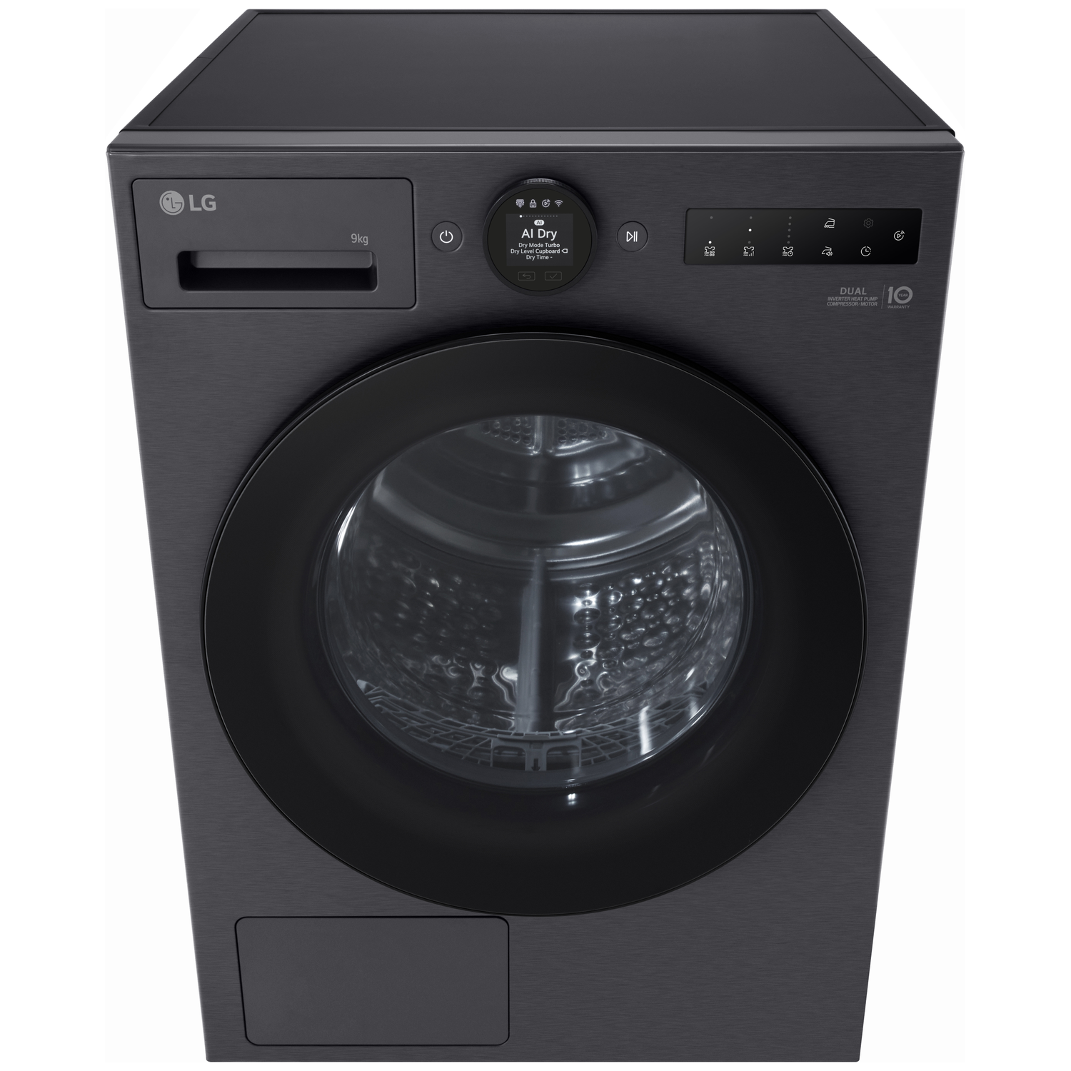 A black LG dryer with a round door and digital display.
